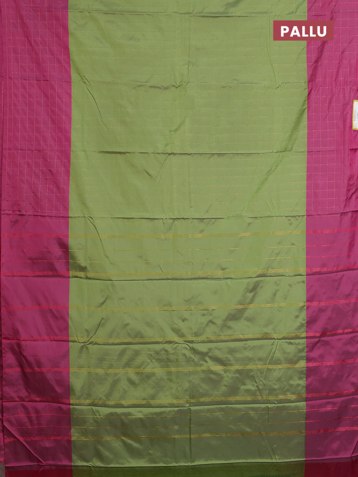 Arani semi silk saree green and magenta pink with allover copper zari weaves and zari checked border - Image 3