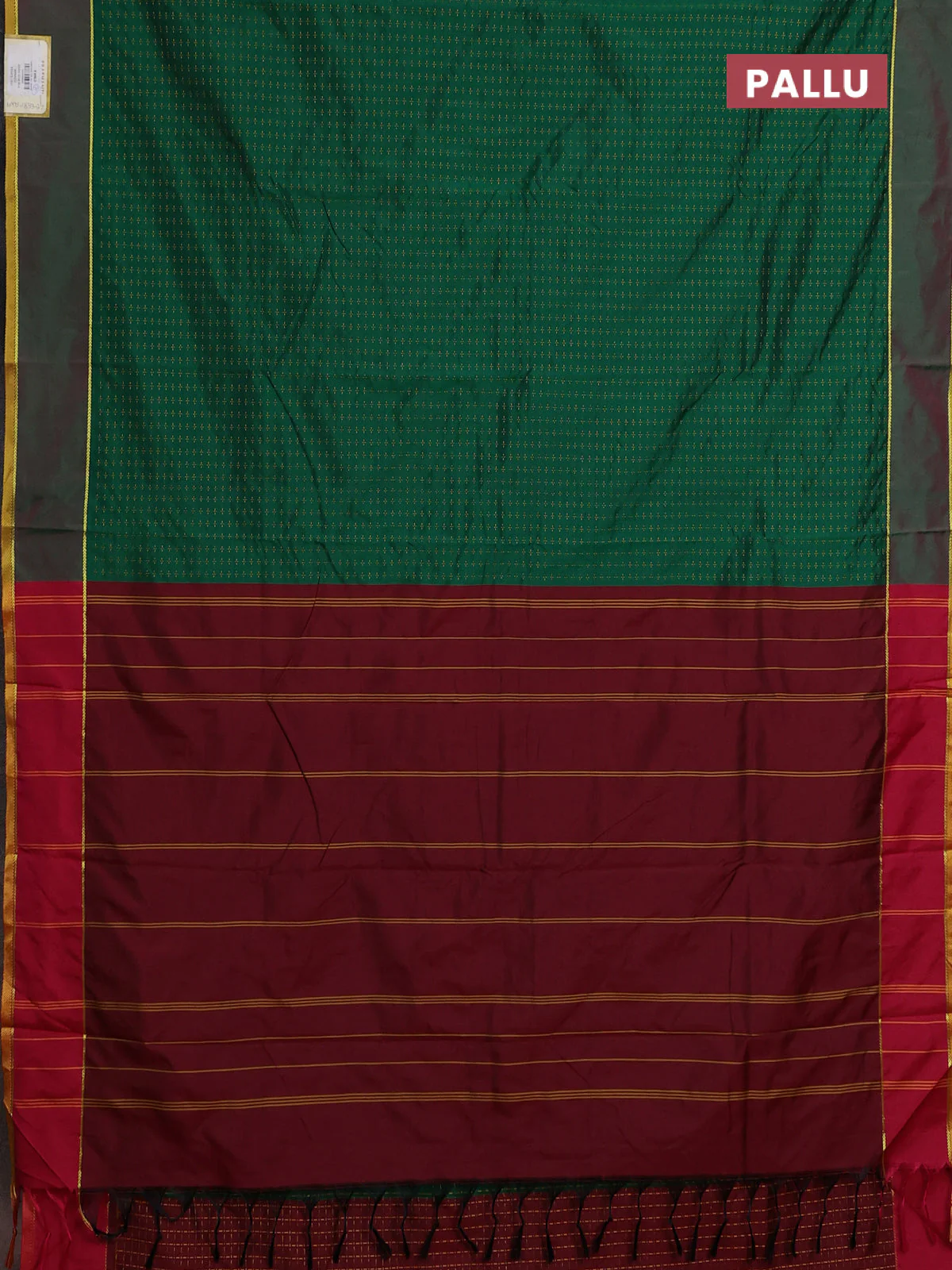 Arani semi silk saree green and maroon with allover thread weaves and rettapet zari woven border` - Image 3