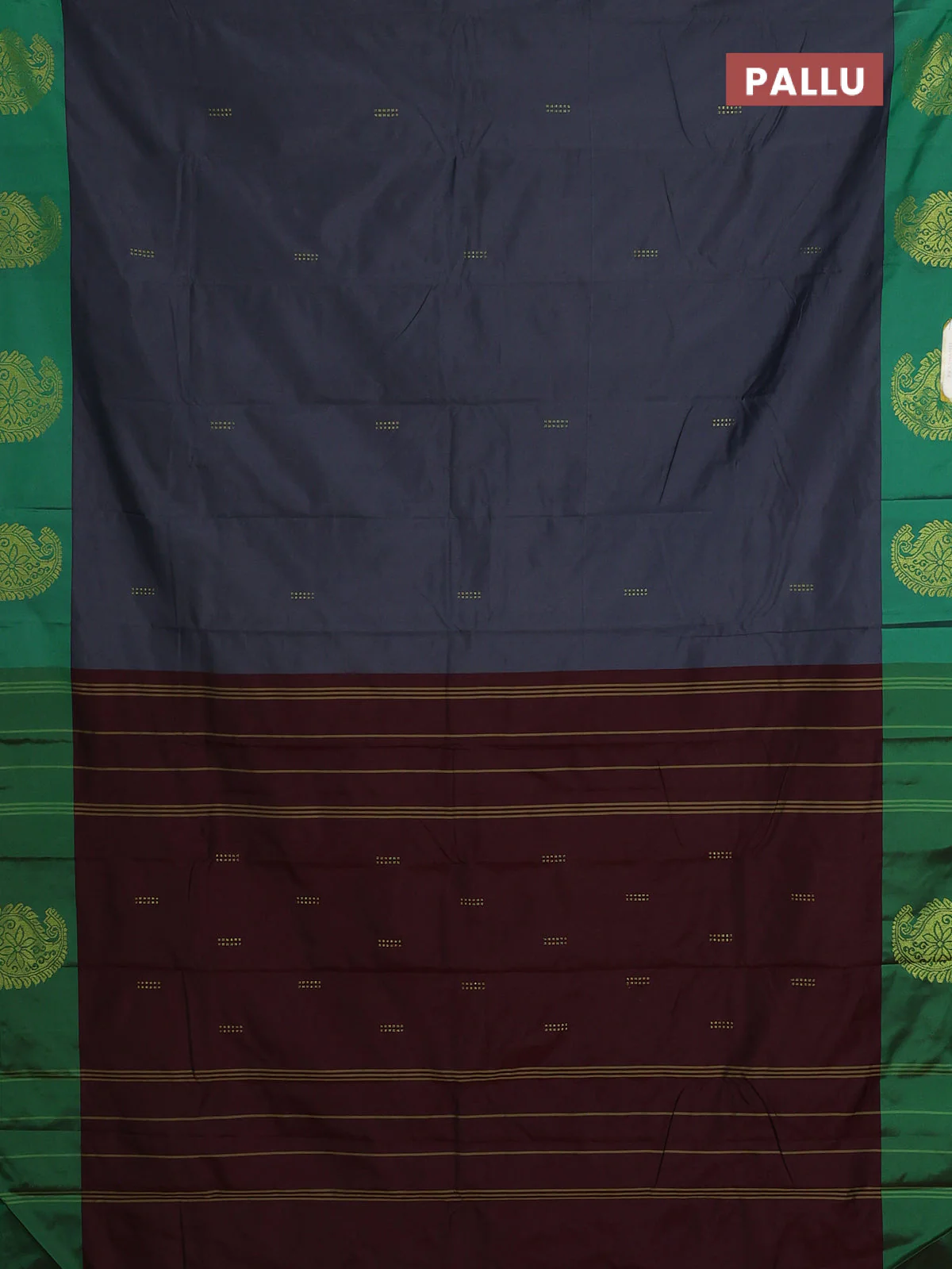 Arani semi silk saree grey and green with zari woven buttas and paisley zari woven butta border - Image 3