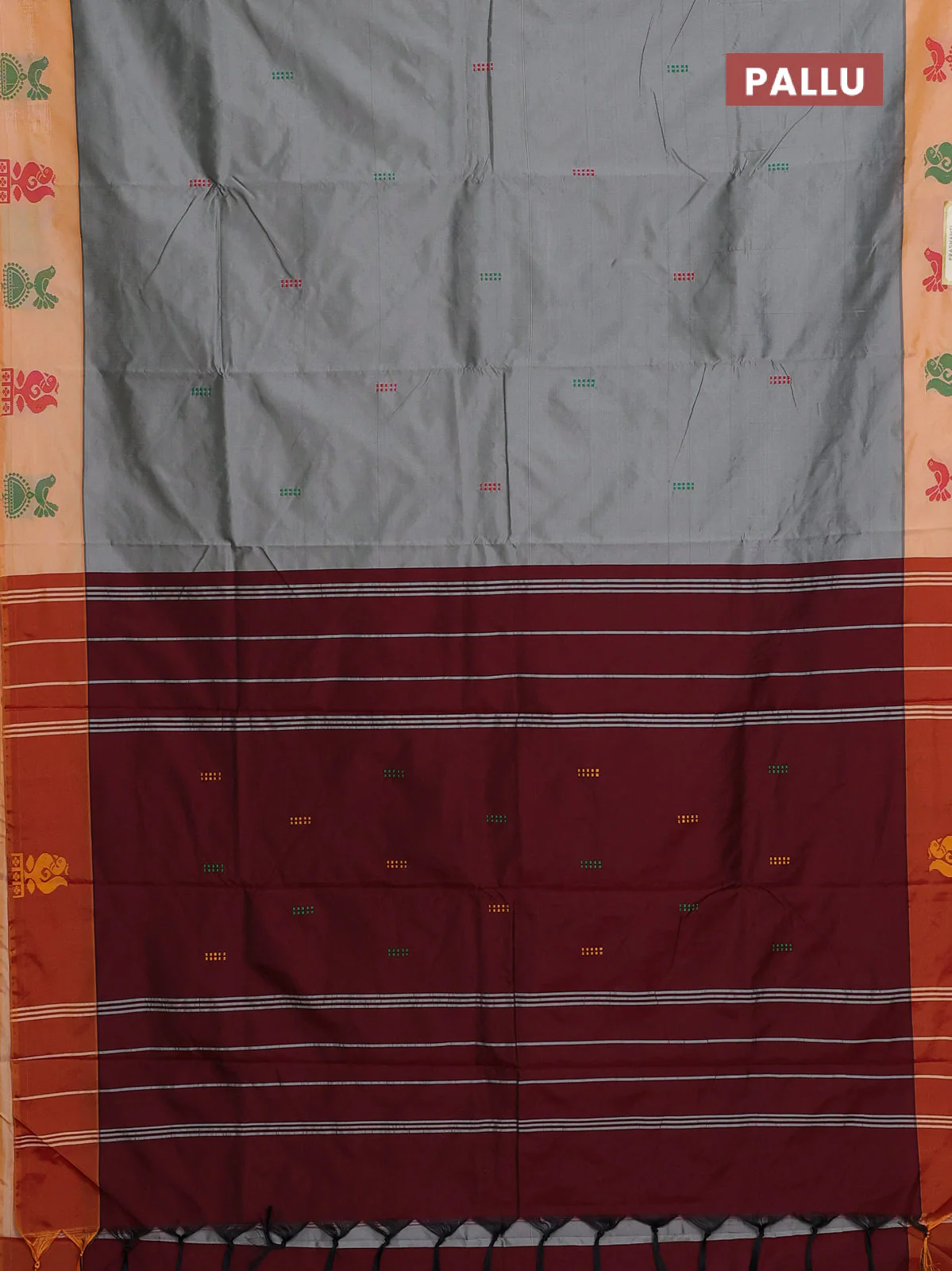 Arani semi silk saree grey and mustard yellow with thread woven buttas and thread woven butta border - Image 3