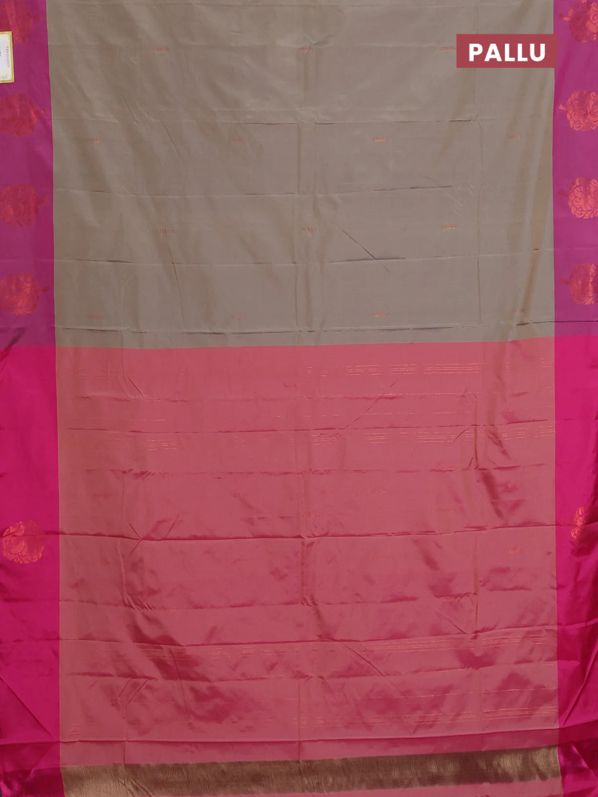 Arani semi silk saree grey shade and dual shade of pink with copper zari woven buttas and copper zari woven butta border - Image 3