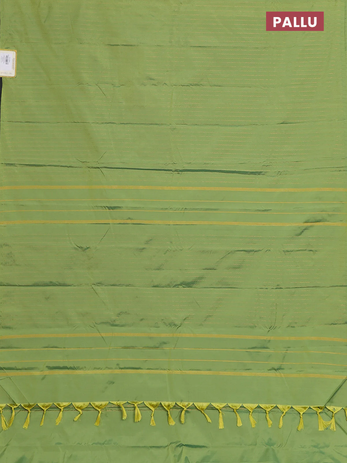Arani semi silk saree light green with allover copper zari weaves in borderless style - Image 3