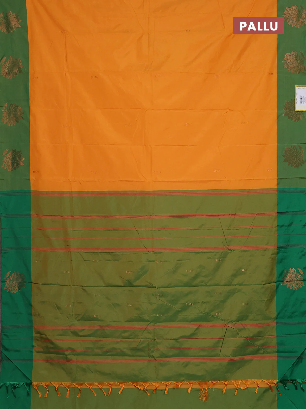 Arani semi silk saree mango yellow and dual shade of green with copper zari woven buttas and copper zari woven butta border - Image 3