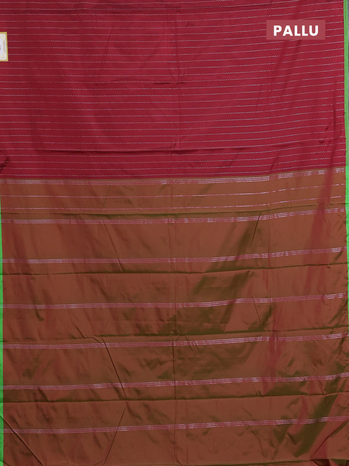 Arani semi silk saree maroon and light green with allover silver zari weaves and piping border - Image 3
