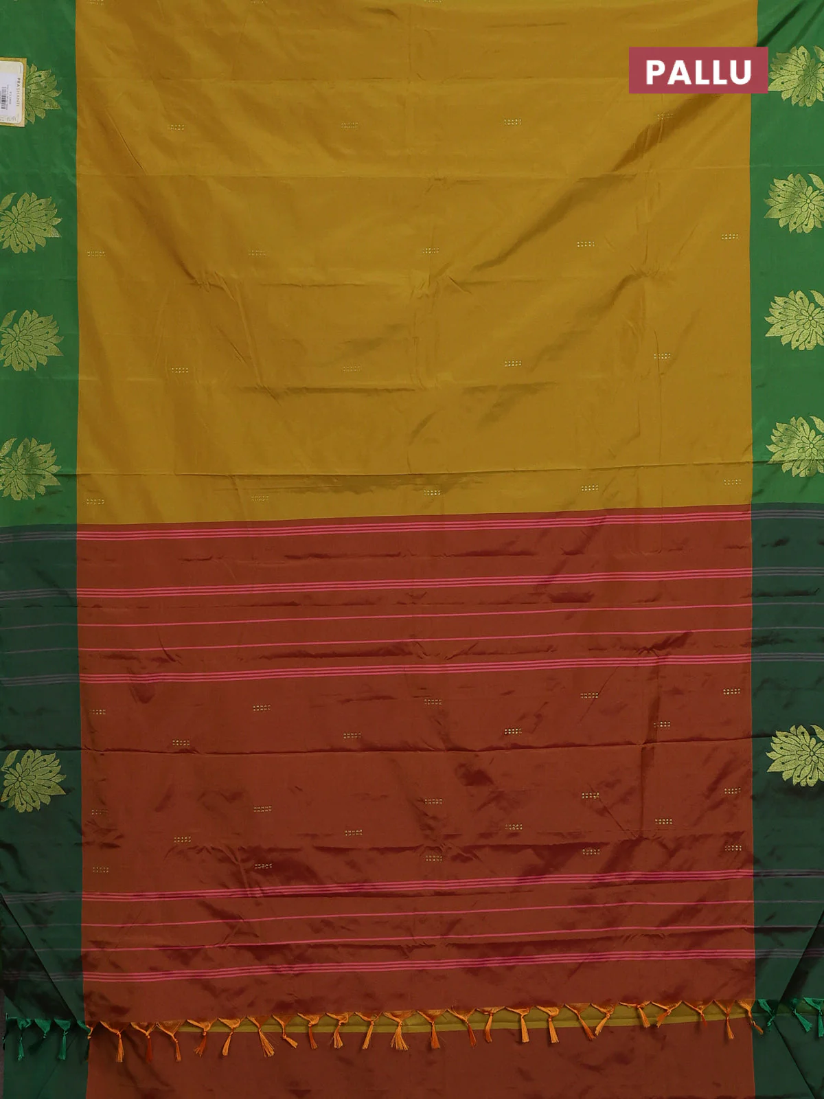 Arani semi silk saree mustard yellow and green with zari woven buttas and zari woven butta border - Image 3