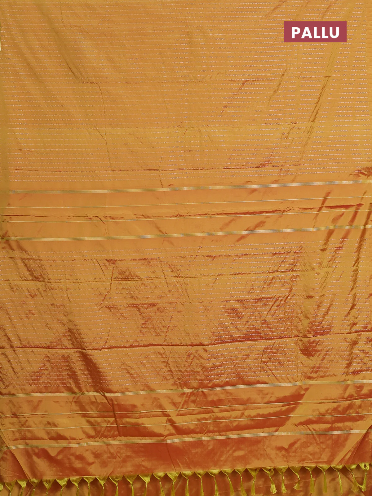 Arani semi silk saree mustard yellow with allover silver zari weaves in borderless style - Image 3