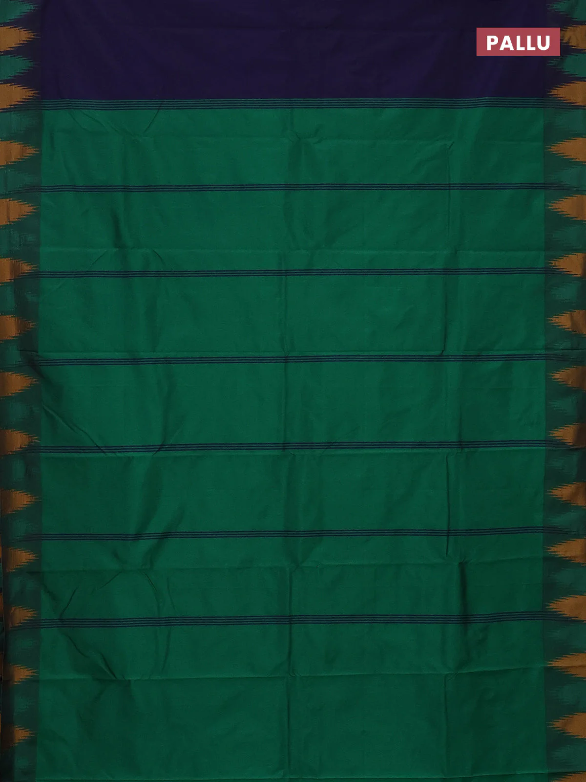 Arani semi silk saree navy blue and green mustard yellow with plain body and temple design border - Image 3