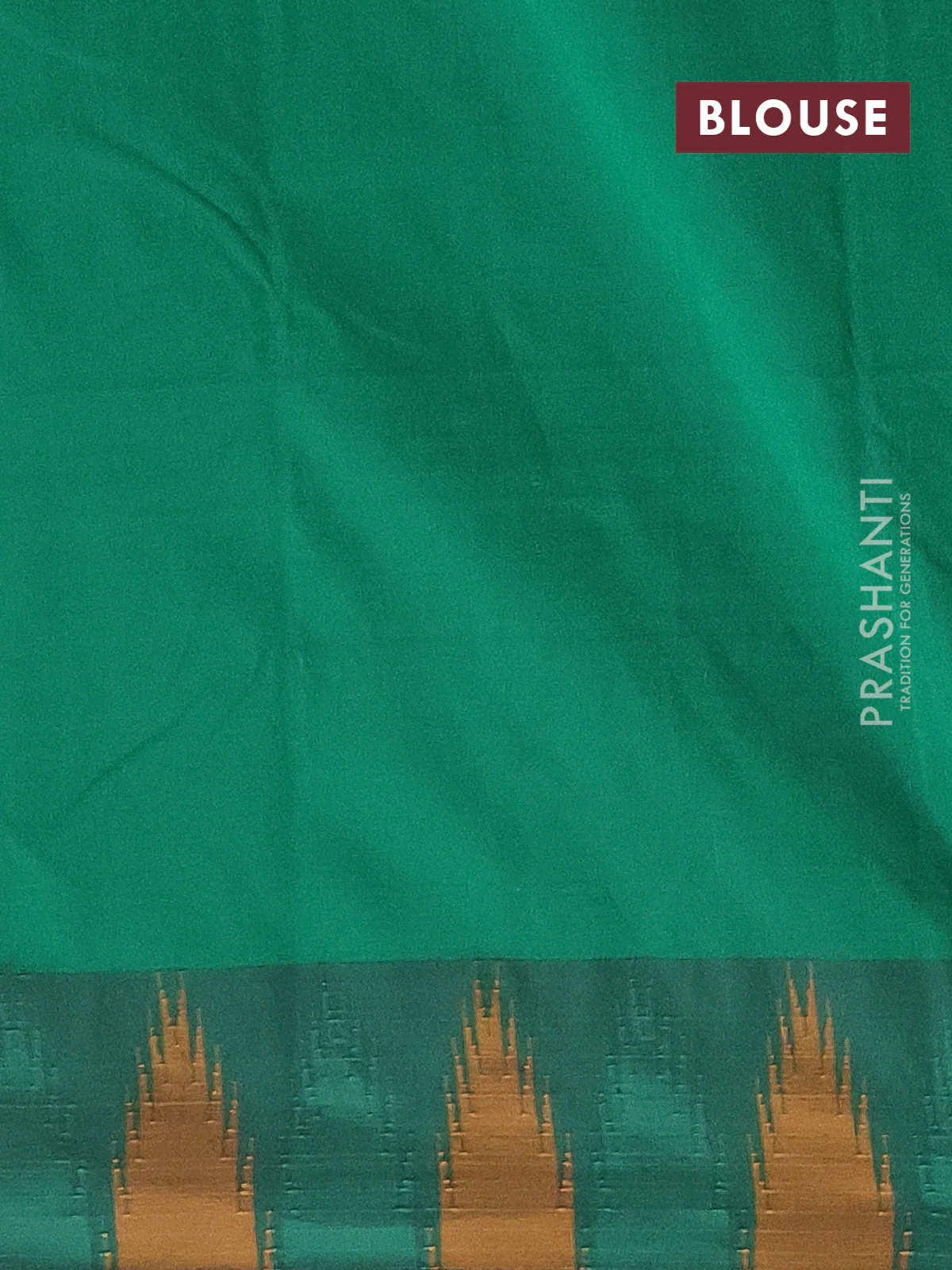Arani semi silk saree navy blue and green mustard yellow with plain body and temple design border - Image 4