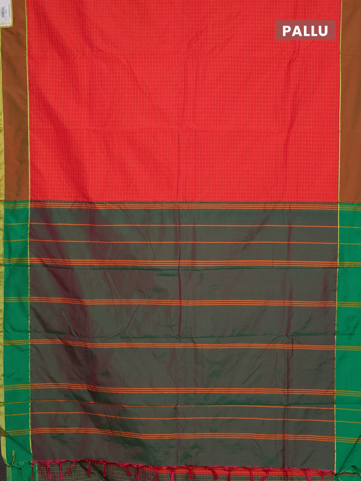 Arani semi silk saree orange and dual shade of green with allover thread weaves and rettapet zari woven border` - Image 3