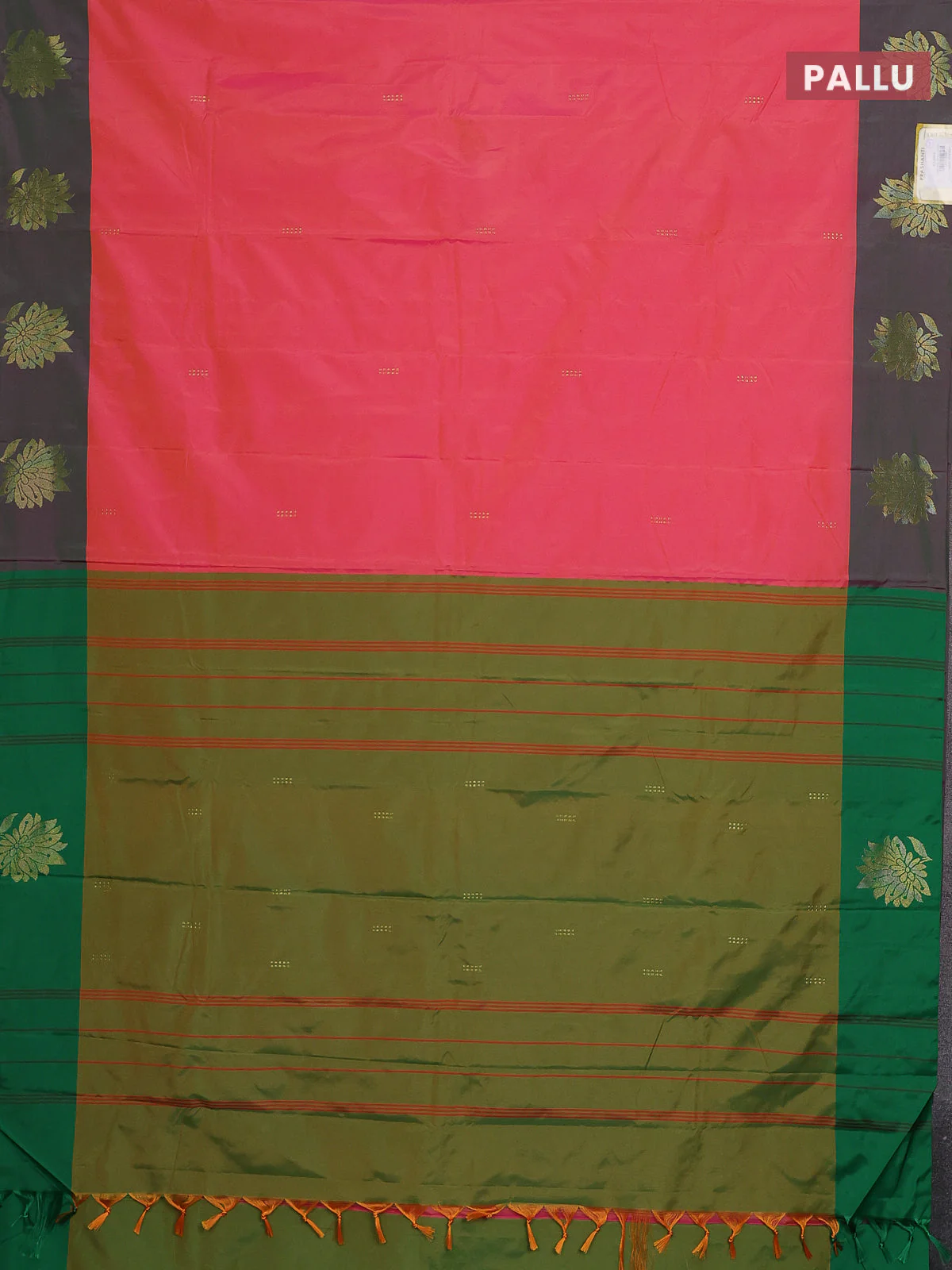 Arani semi silk saree peach pink and green with zari woven buttas and zari woven butta border - Image 3