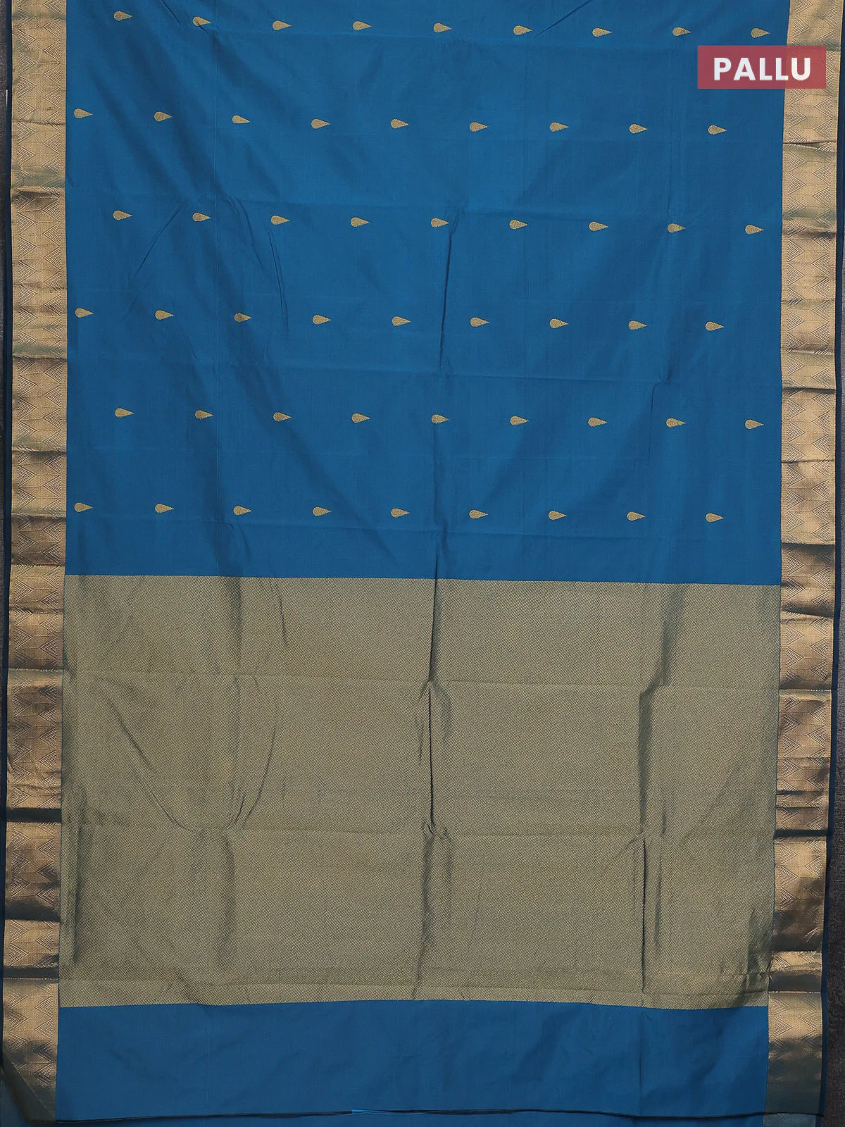 Arani semi silk saree peacock blue with zari woven thilak buttas and zari woven border - Image 3