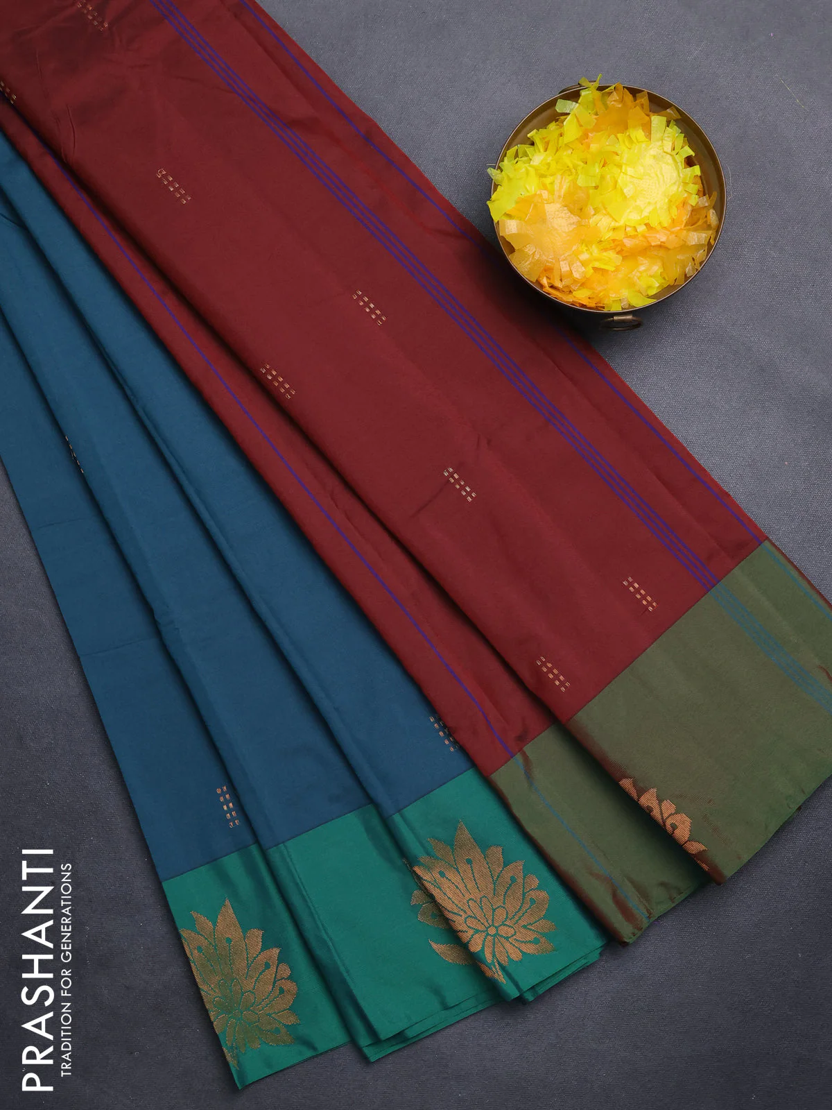 Arani semi silk saree peacock green and green with copper zari woven buttas and copper zari woven butta border