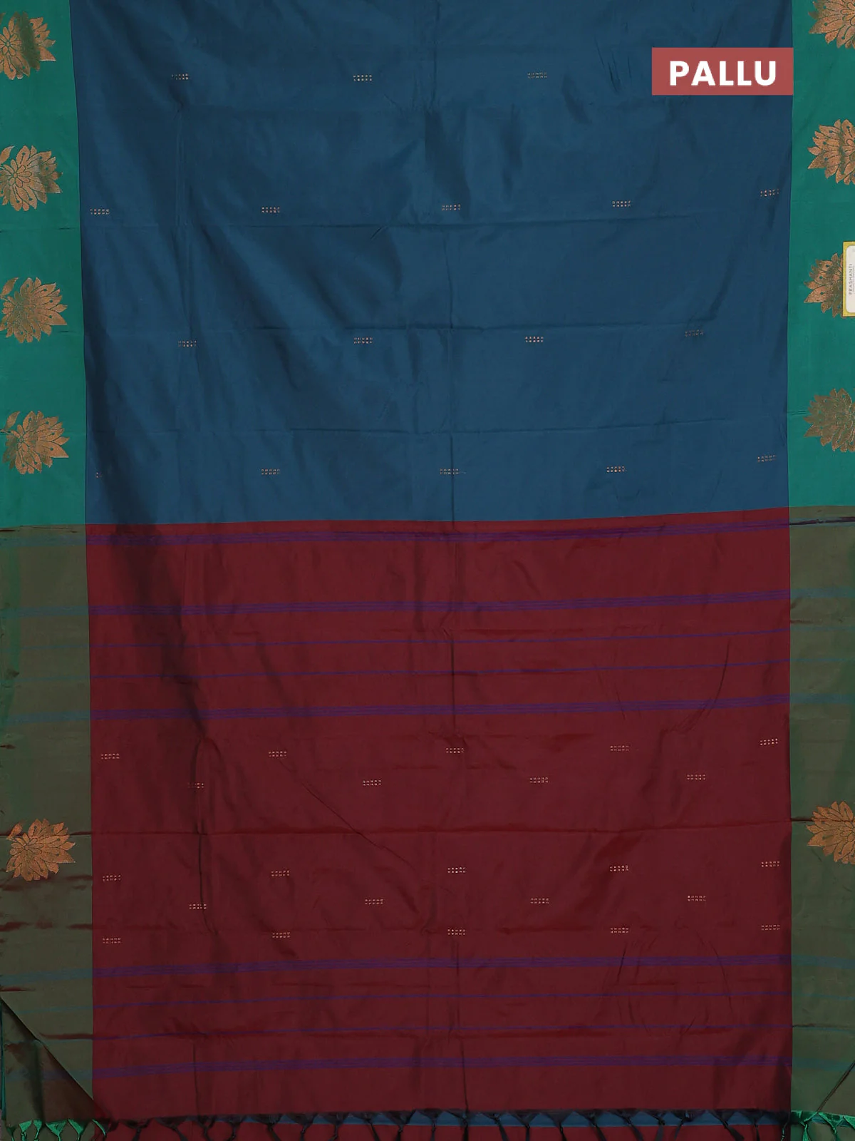 Arani semi silk saree peacock green and green with copper zari woven buttas and copper zari woven butta border - Image 3