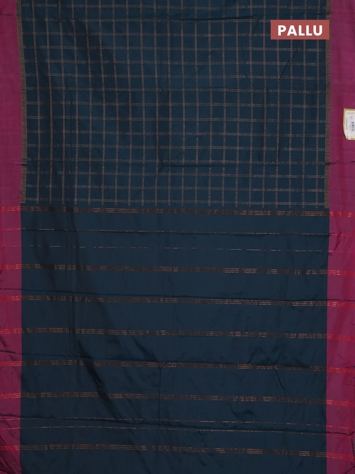 Arani semi silk saree peacock green and magenat pink with allover copper zari checked pattern and copper zari woven simple border - Image 3