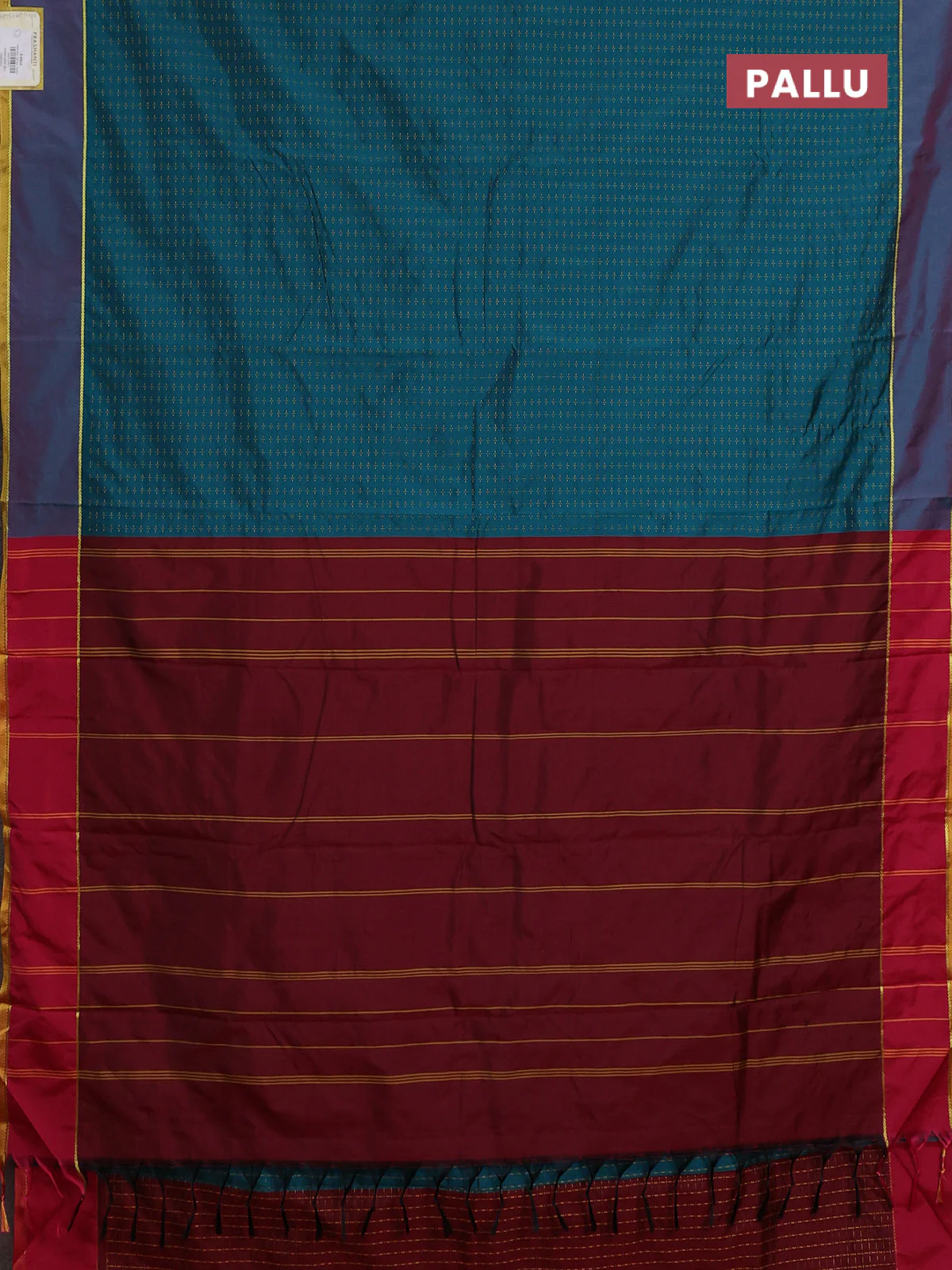 Arani semi silk saree peacock green and maroon with allover thread weaves and rettapet zari woven border` - Image 3