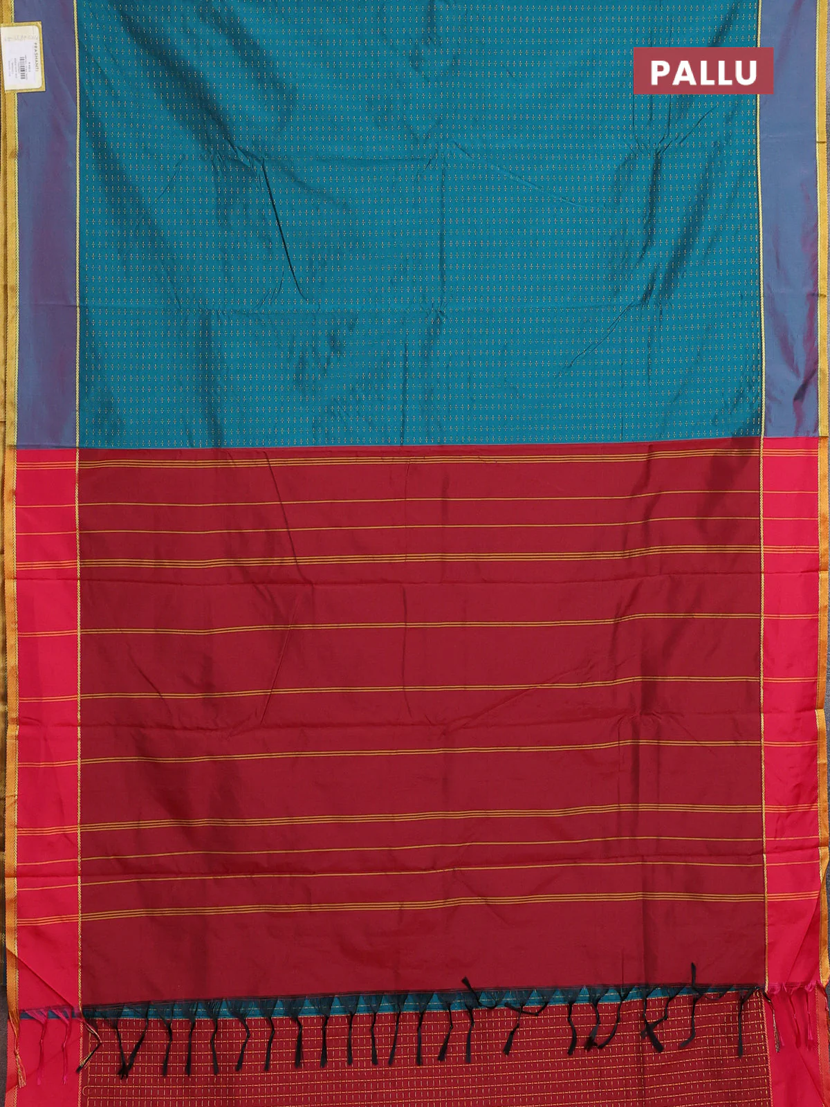 Arani semi silk saree peacock green and maroon with allover thread weaves and rettapet zari woven border` - Image 3
