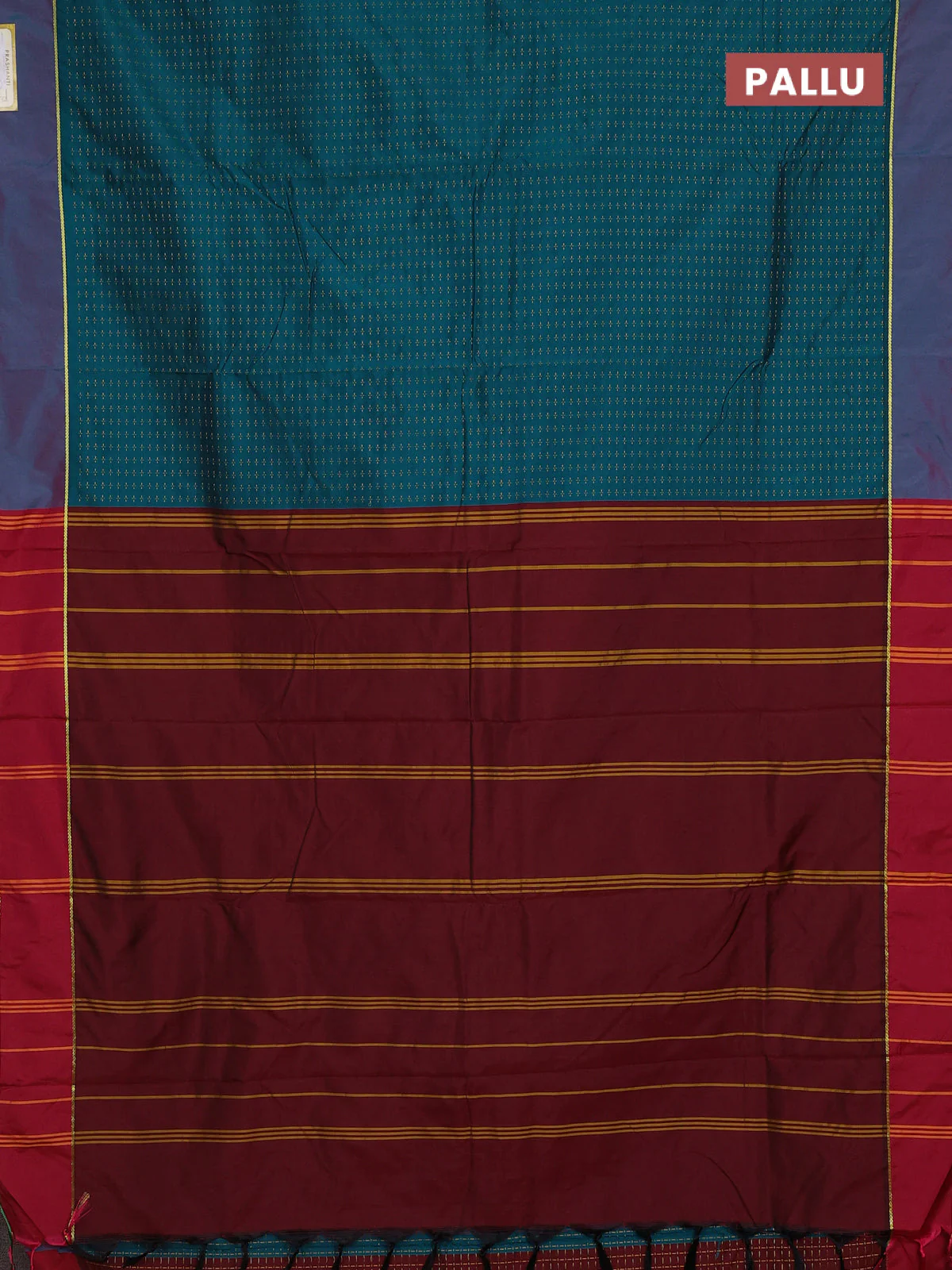 Arani semi silk saree peacock green and maroon with allover thread weaves and rettapet zari woven border` - Image 3
