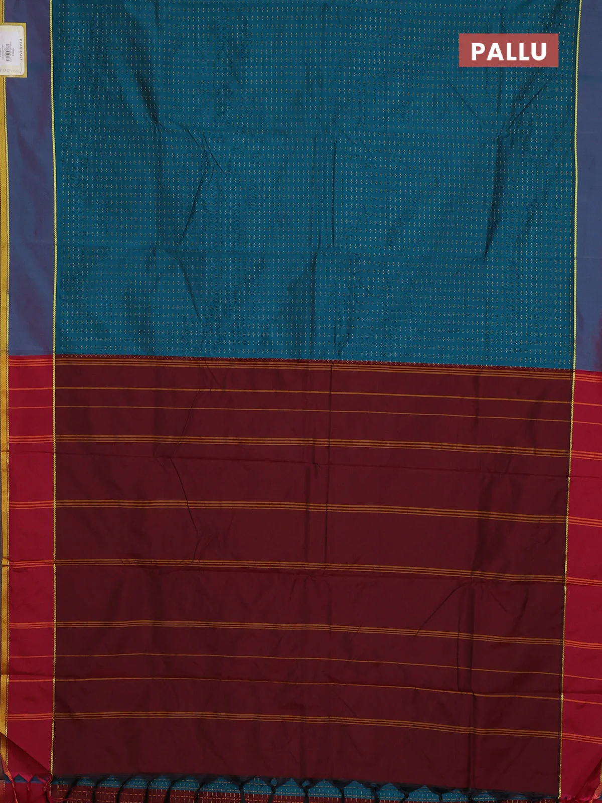 Arani semi silk saree peacock green and maroon with allover thread weaves and rettapet zari woven border` - Image 3