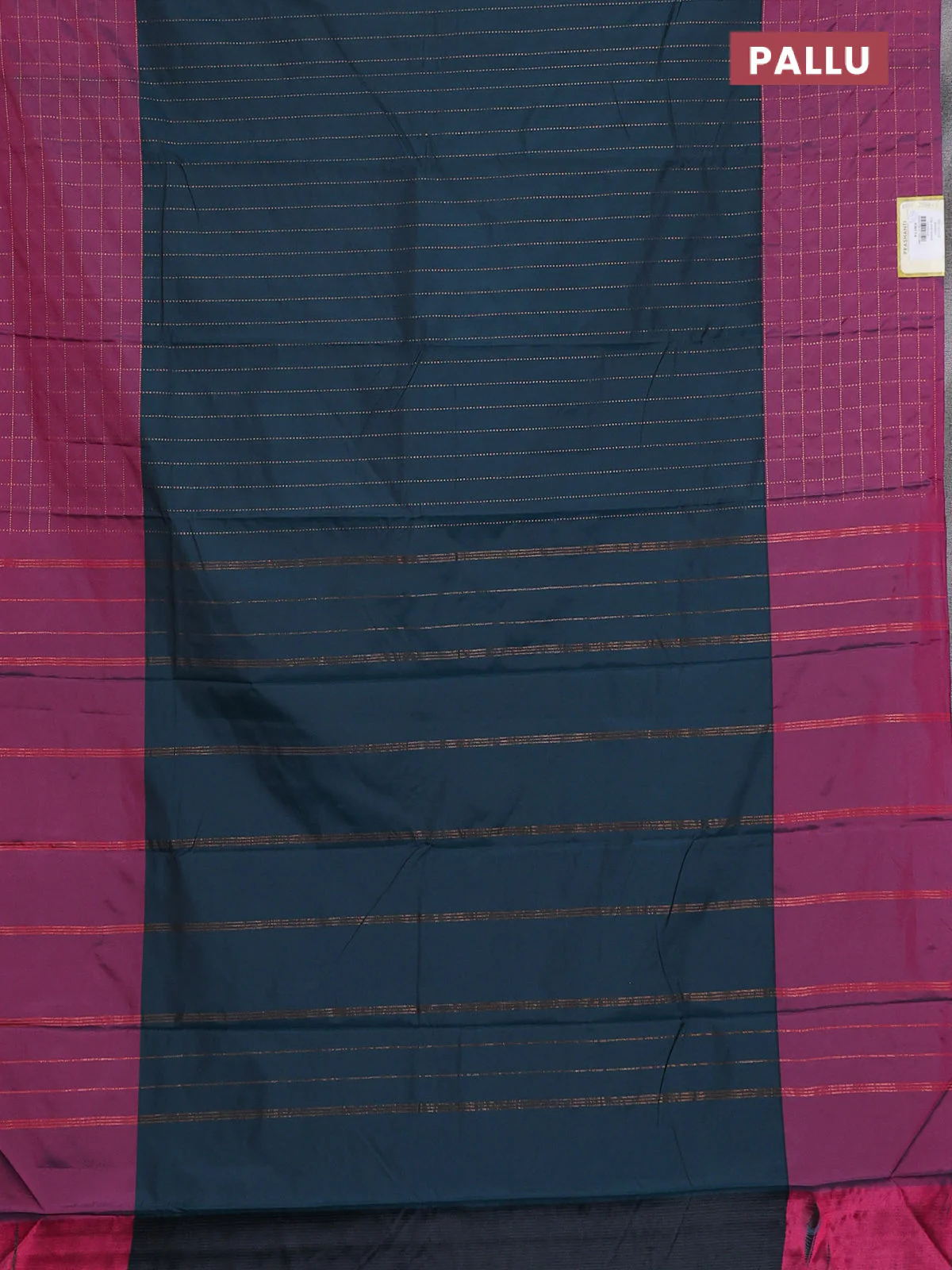 Arani semi silk saree peacock green and mauve pink with allover copper zari weaves and zari checked border - Image 3