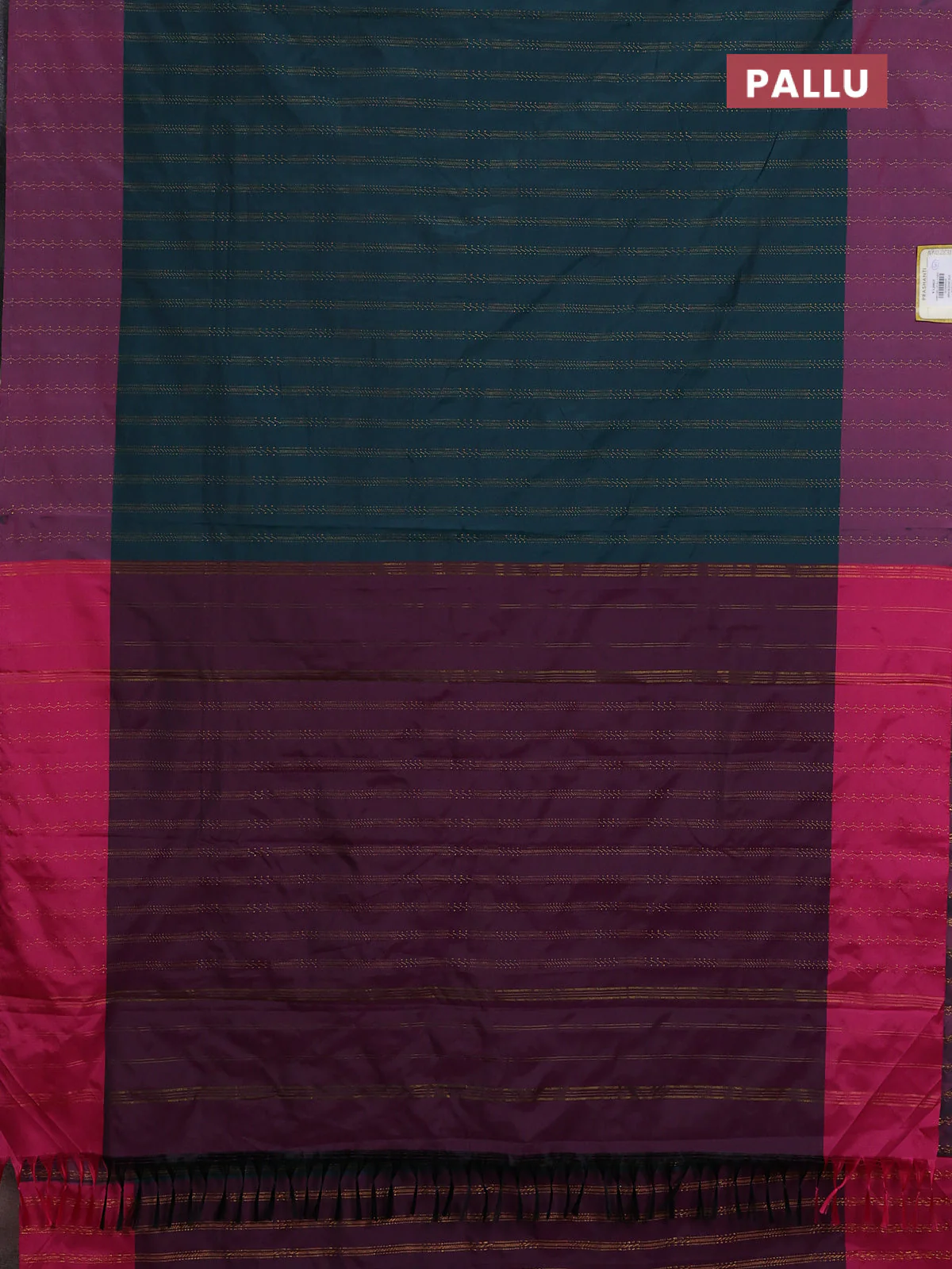 Arani semi silk saree peacock green and pink with allover zari weaves and zari woven border - Image 3