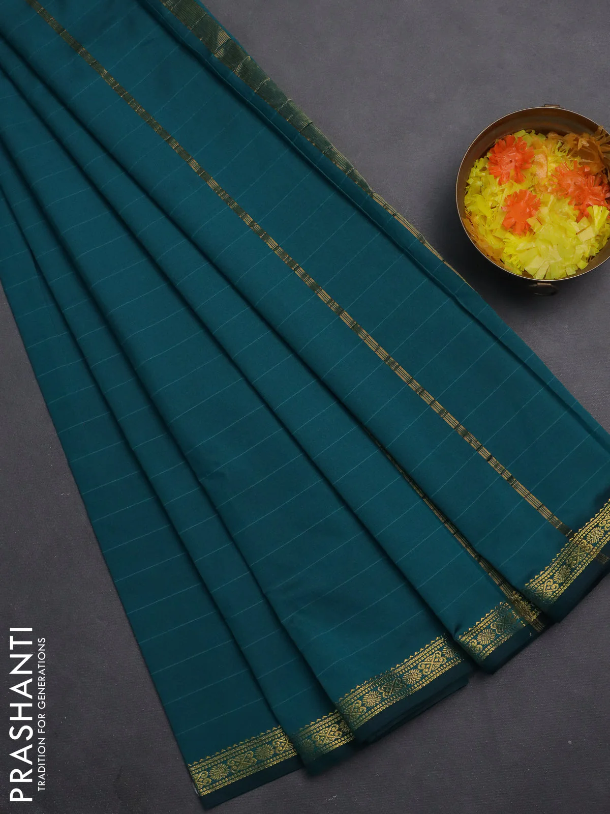 Arani semi silk saree peacock green with plain body and zari woven border