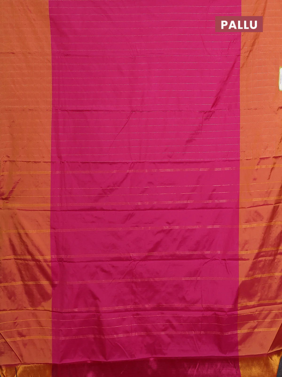 Arani semi silk saree pink and dark mustard with allover copper zari weaves and zari checked border - Image 3