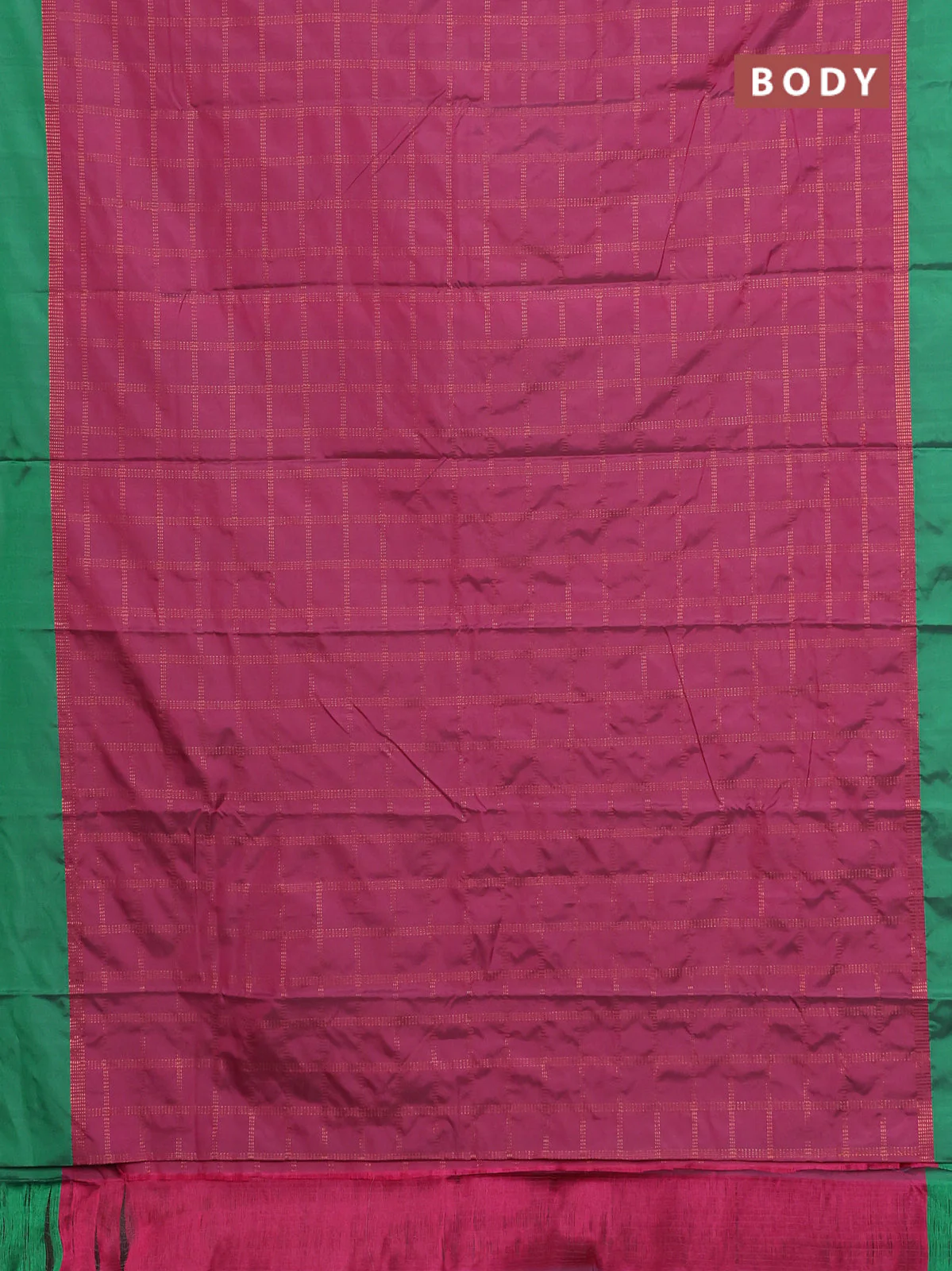 Arani semi silk saree pink and green with allover copper zari checked pattern and copper zari woven simple border - Image 2