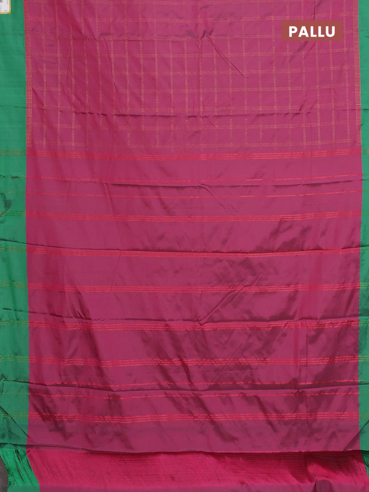 Arani semi silk saree pink and green with allover copper zari checked pattern and copper zari woven simple border - Image 3