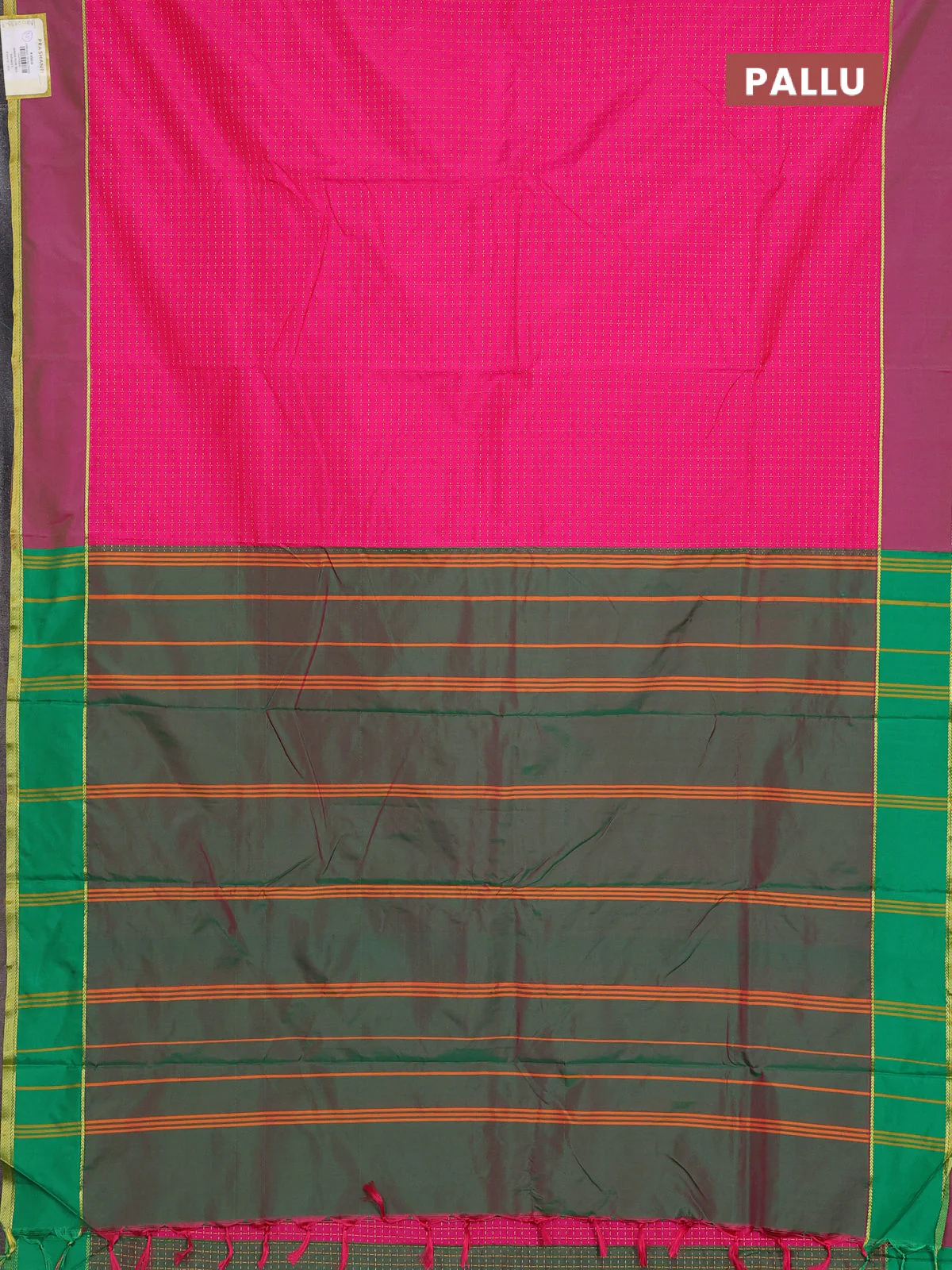 Arani semi silk saree pink and green with allover thread weaves and rettapet zari woven border` - Image 3