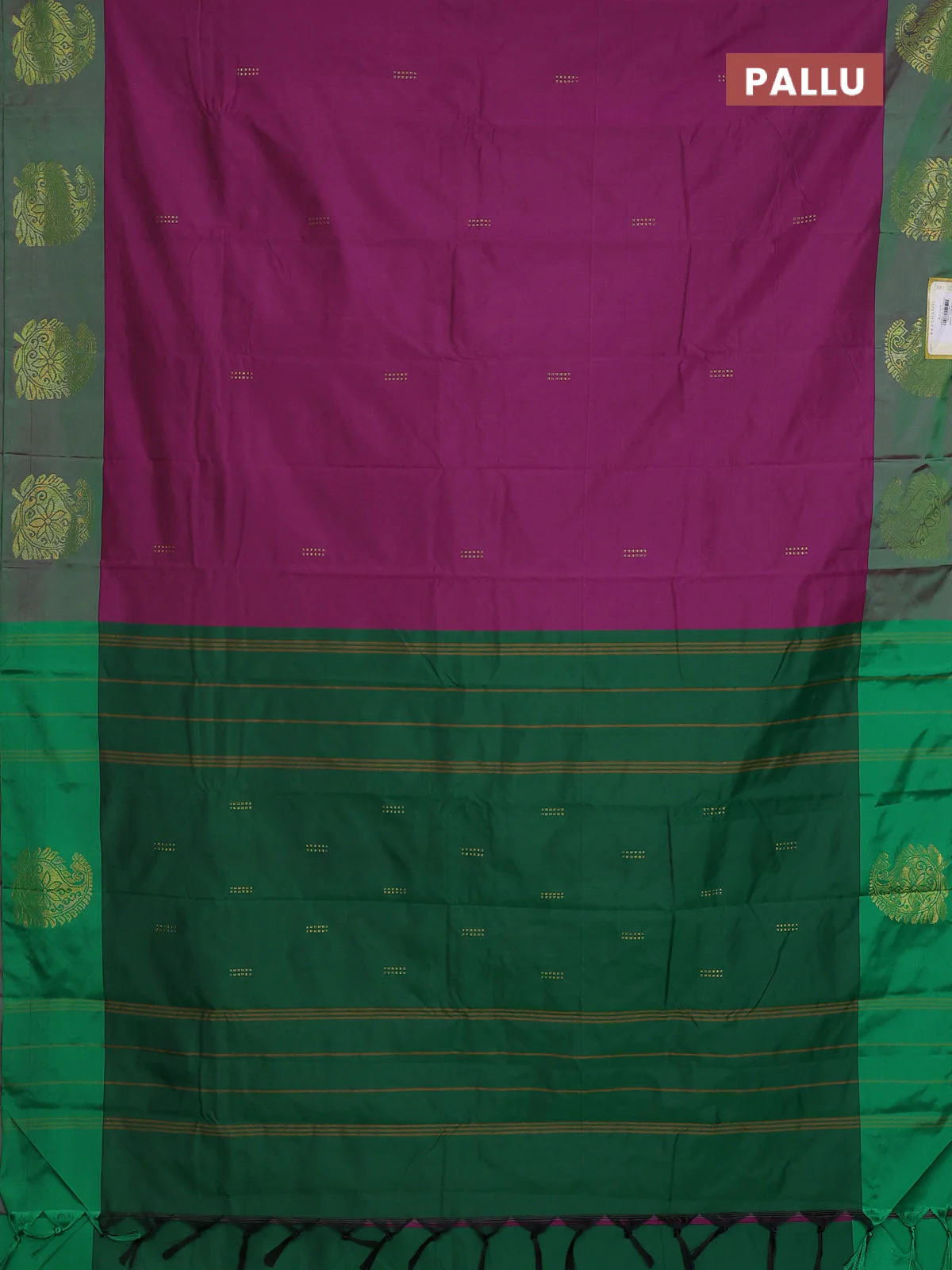 Arani semi silk saree purple and dual shade of green with zari woven buttas and paisley zari woven butta border - Image 3