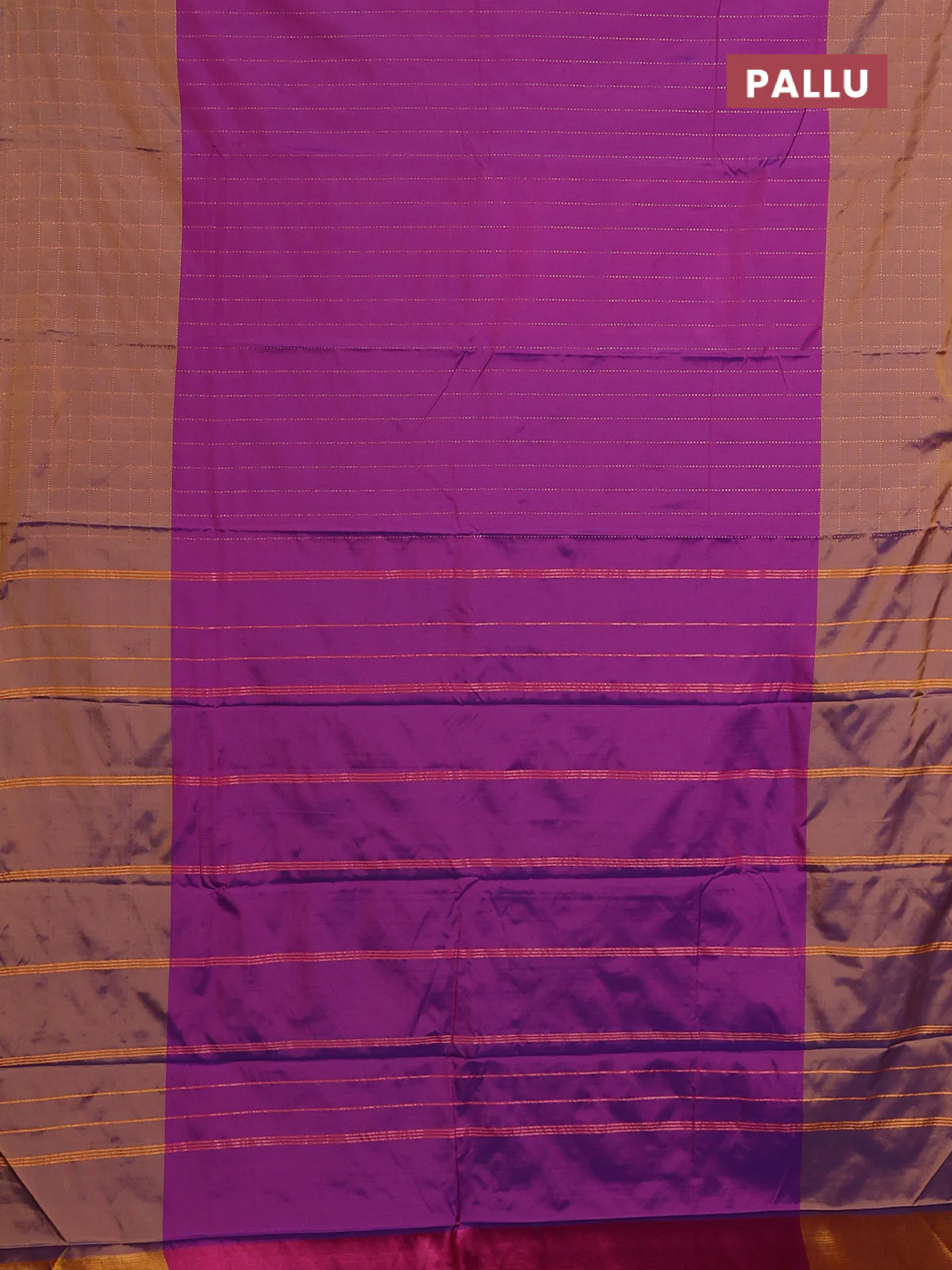 Arani semi silk saree purple and rust shade with allover copper zari weaves and zari checked border - Image 3