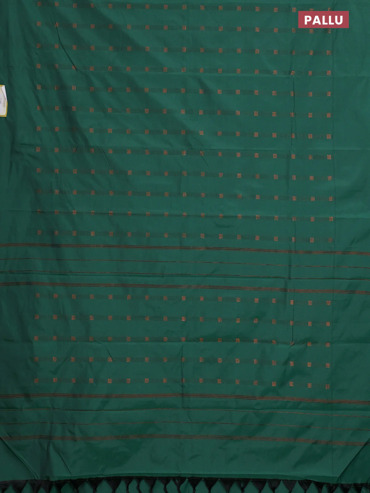 Arani semi silk saree greeen with copper zari woven buttas in borderless style - Image 3