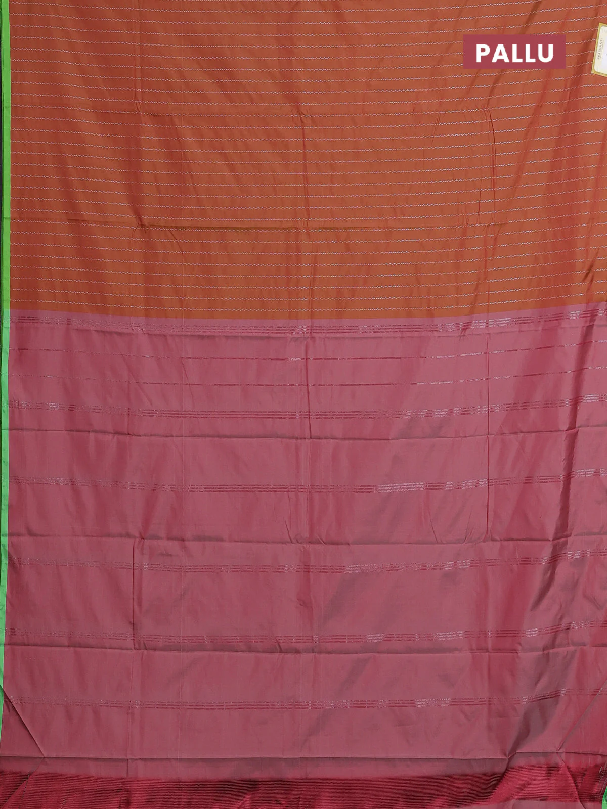 Arani semi silk saree rust shade and light green with allover silver zari weaves and piping border - Image 3