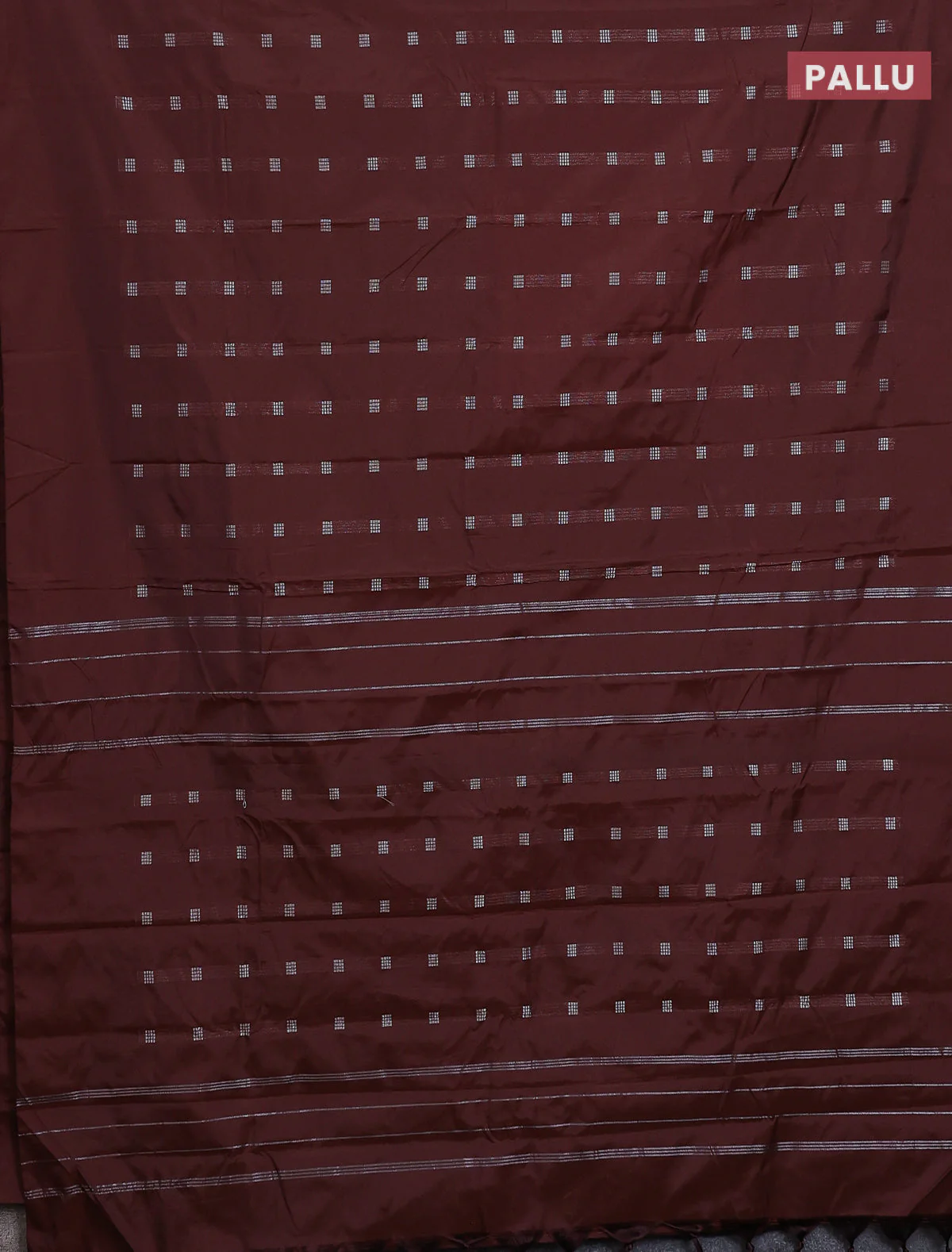 Arani semi silk saree rustic brown with silver zari woven buttas in borderless style - Image 3