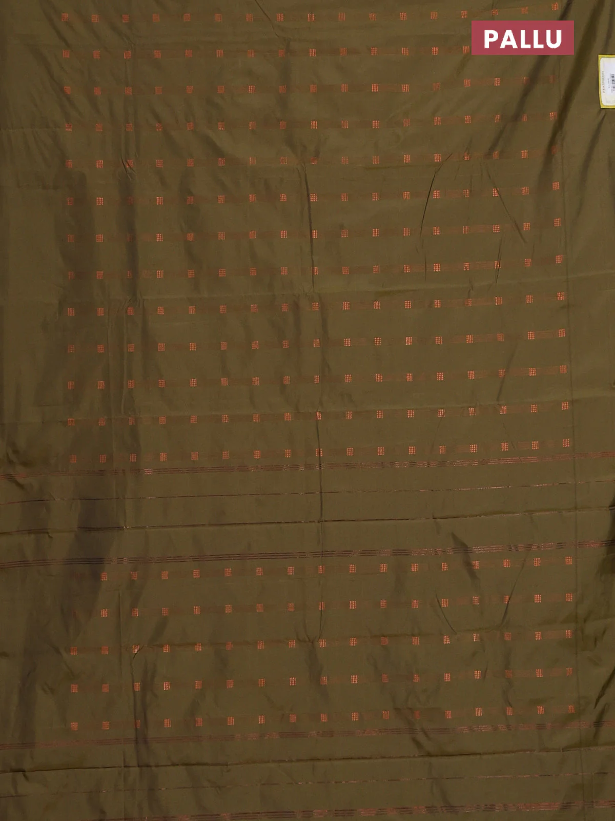 Arani semi silk saree sap green with copper zari woven buttas in borderless style - Image 3