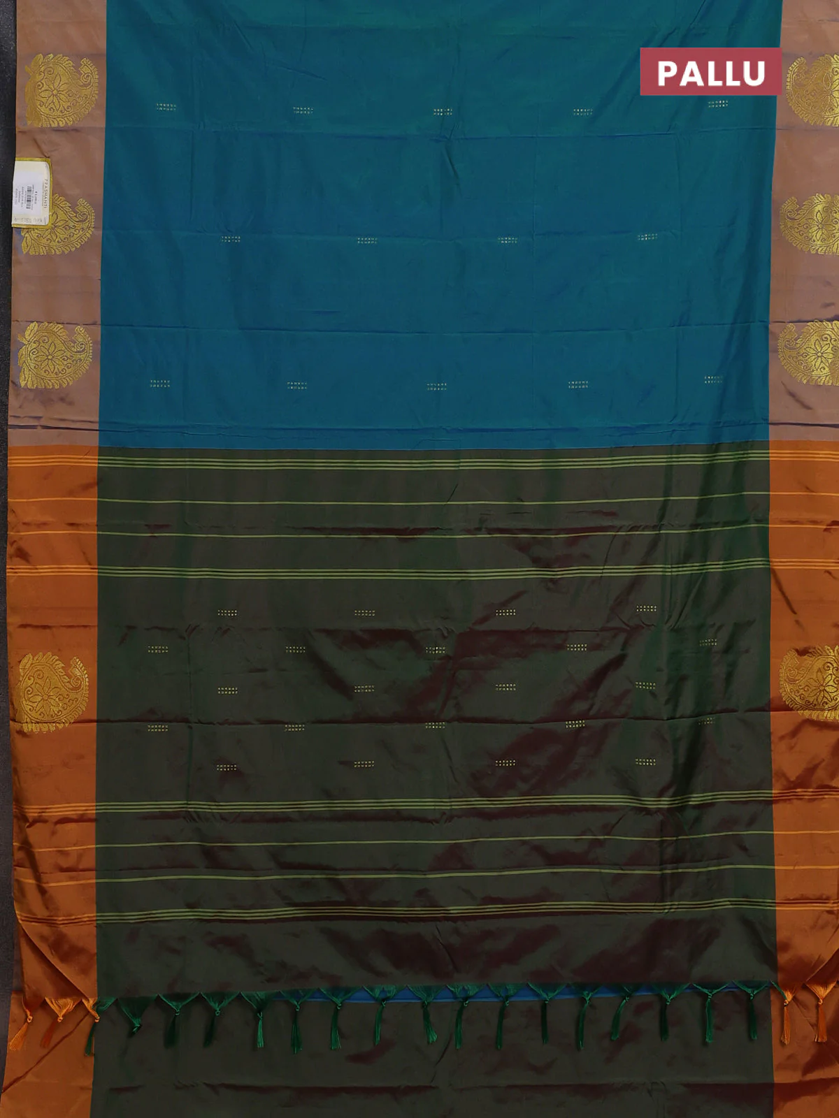 Arani semi silk saree teal blue shade and dual shade of mustard with zari woven buttas and paisley zari woven butta border - Image 3