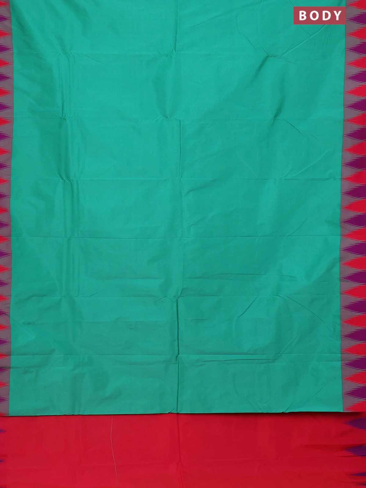 Arani semi silk saree teal green and dual shade of bluish pink with plain body and temple design border - Image 2