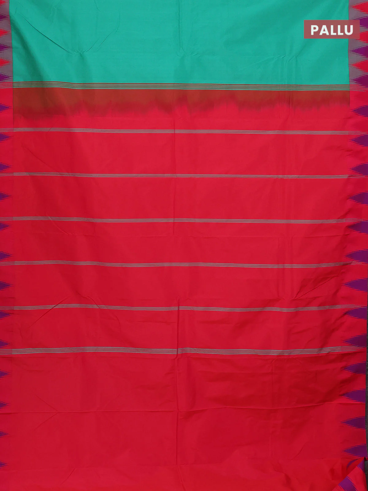 Arani semi silk saree teal green and dual shade of bluish pink with plain body and temple design border - Image 3