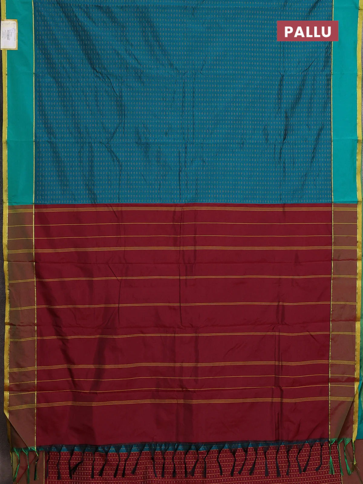 Arani semi silk saree teal green and dual shade of maroonish green with allover thread weaves and rettapet zari woven border` - Image 3