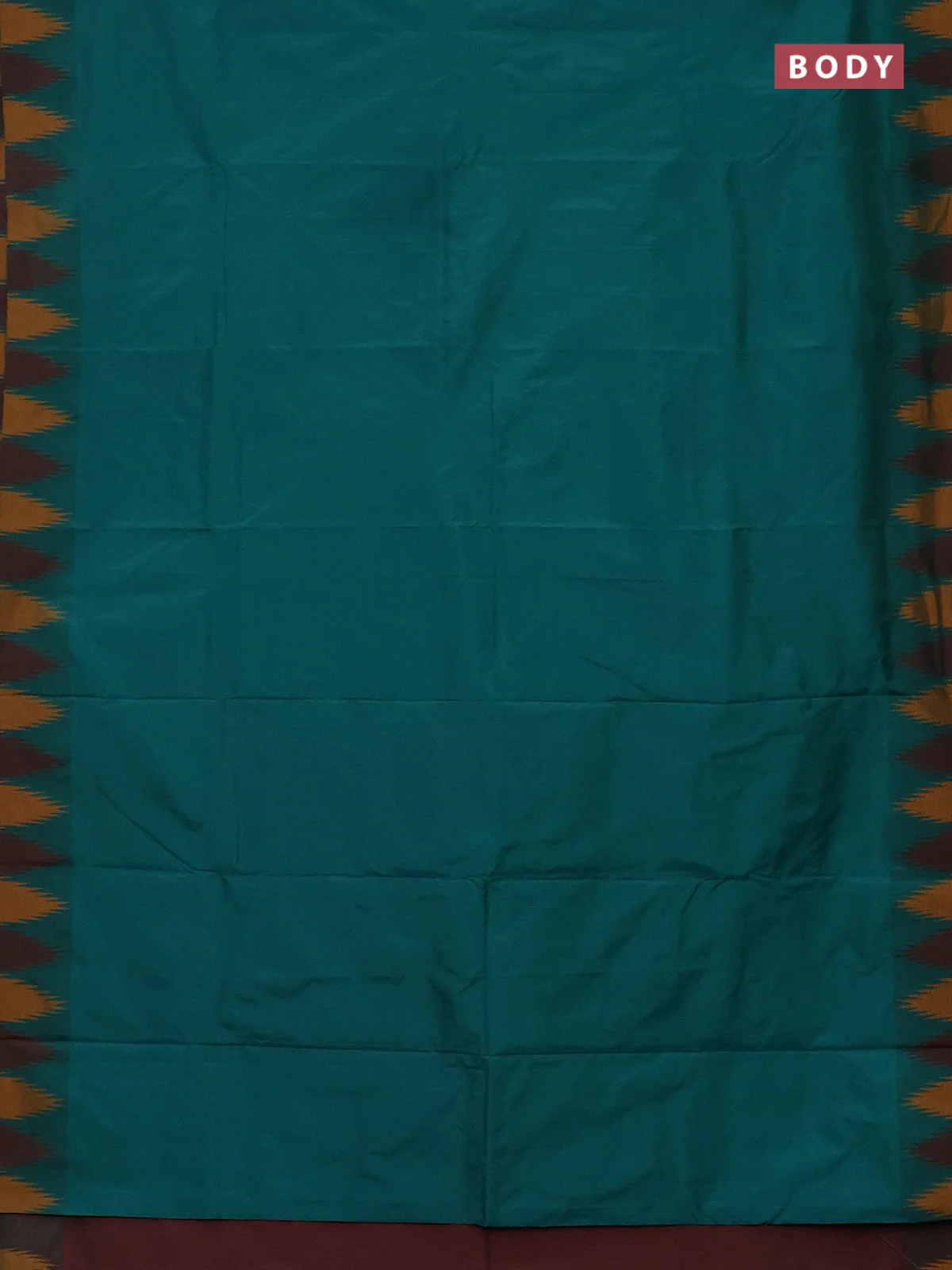 Arani semi silk saree teal green and maroon mustard with plain body and temple design border - Image 2