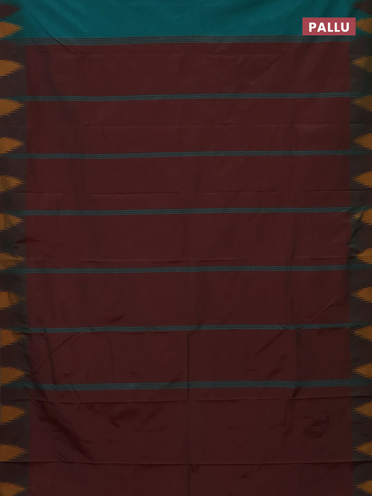 Arani semi silk saree teal green and maroon mustard with plain body and temple design border - Image 3
