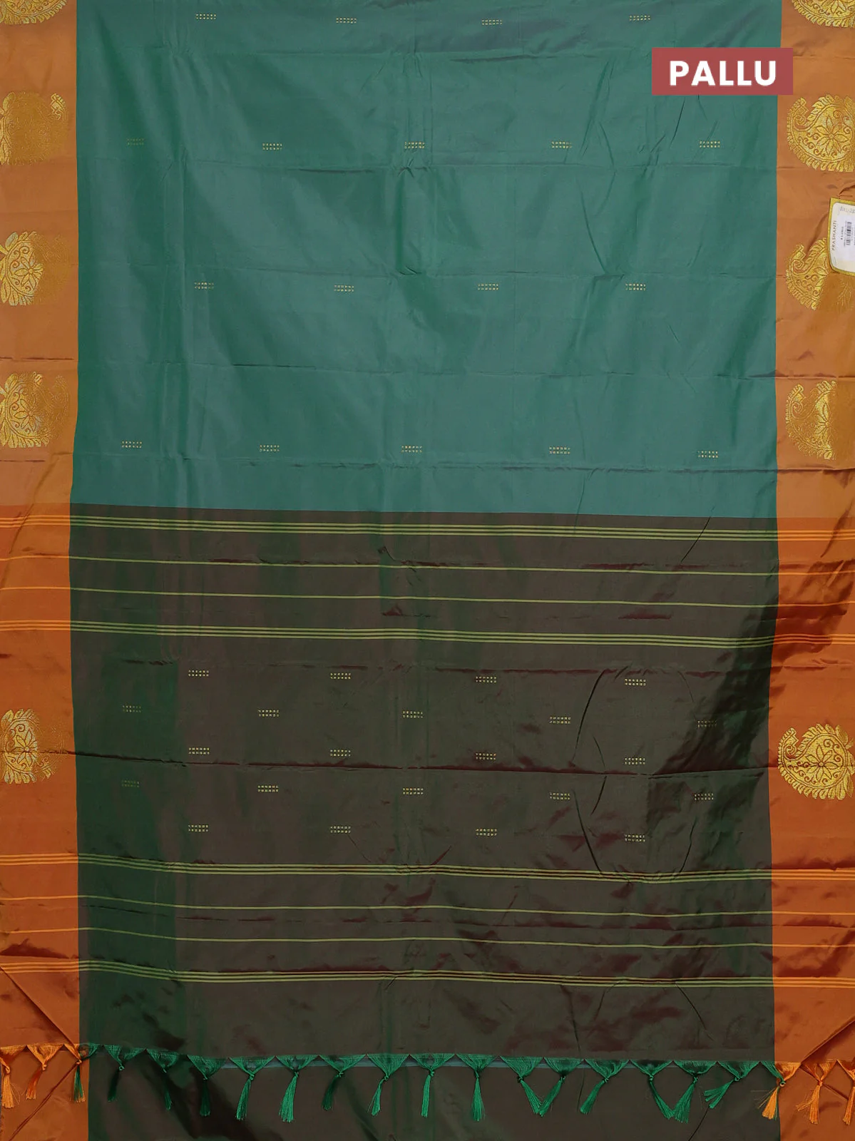 Arani semi silk saree teal green and mustard yellow with zari woven buttas and paisley zari woven butta border - Image 3