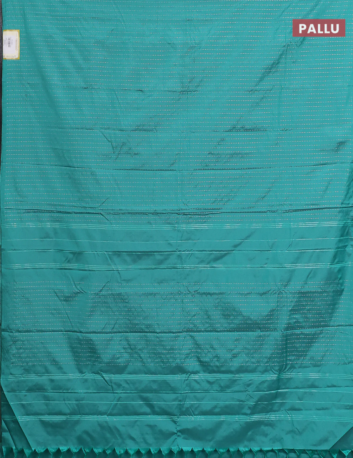 Arani semi silk saree teal green with allover silver zari weaves in borderless style - Image 3