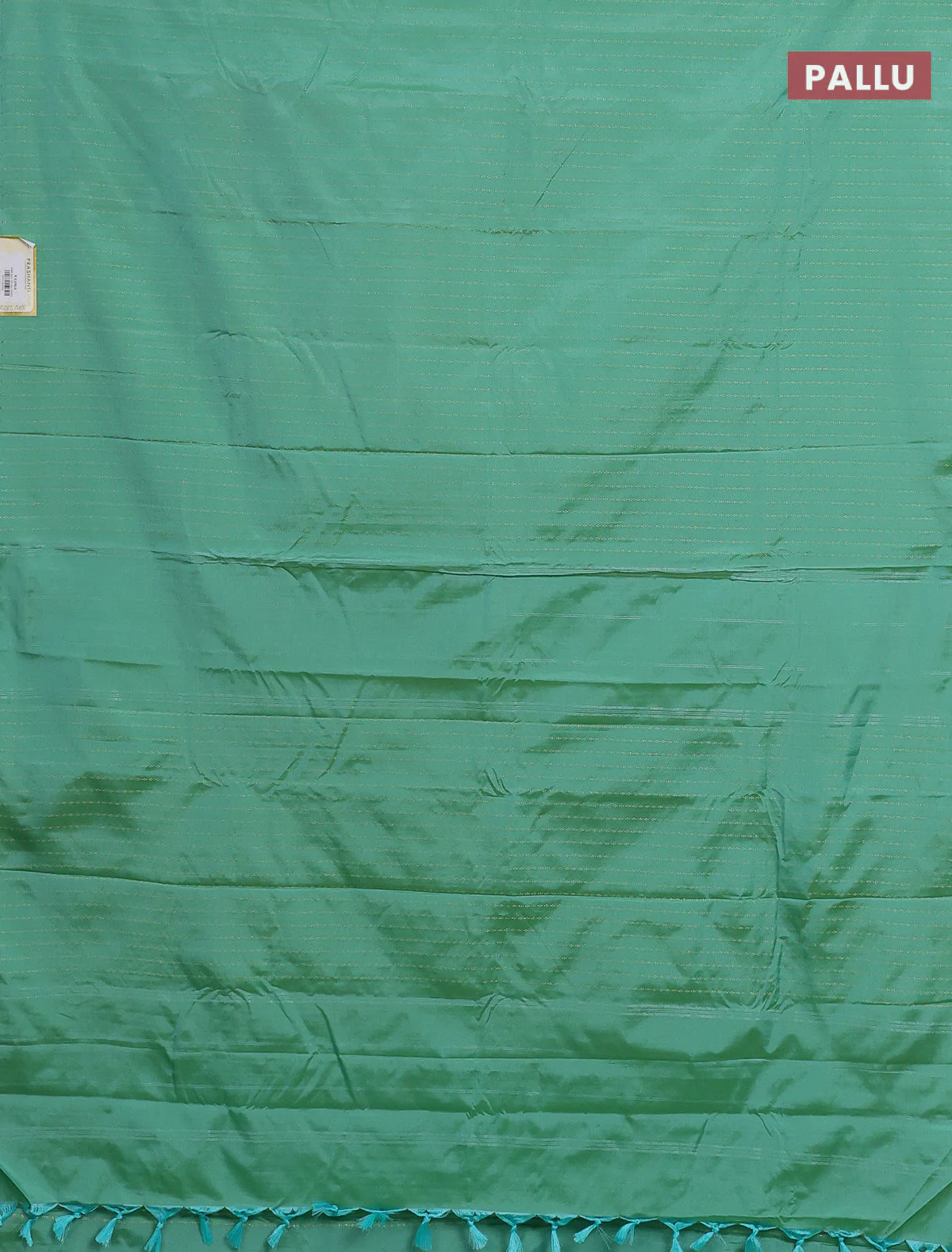 Arani semi silk saree teal green with allover zari weaves in borderless style - Image 3