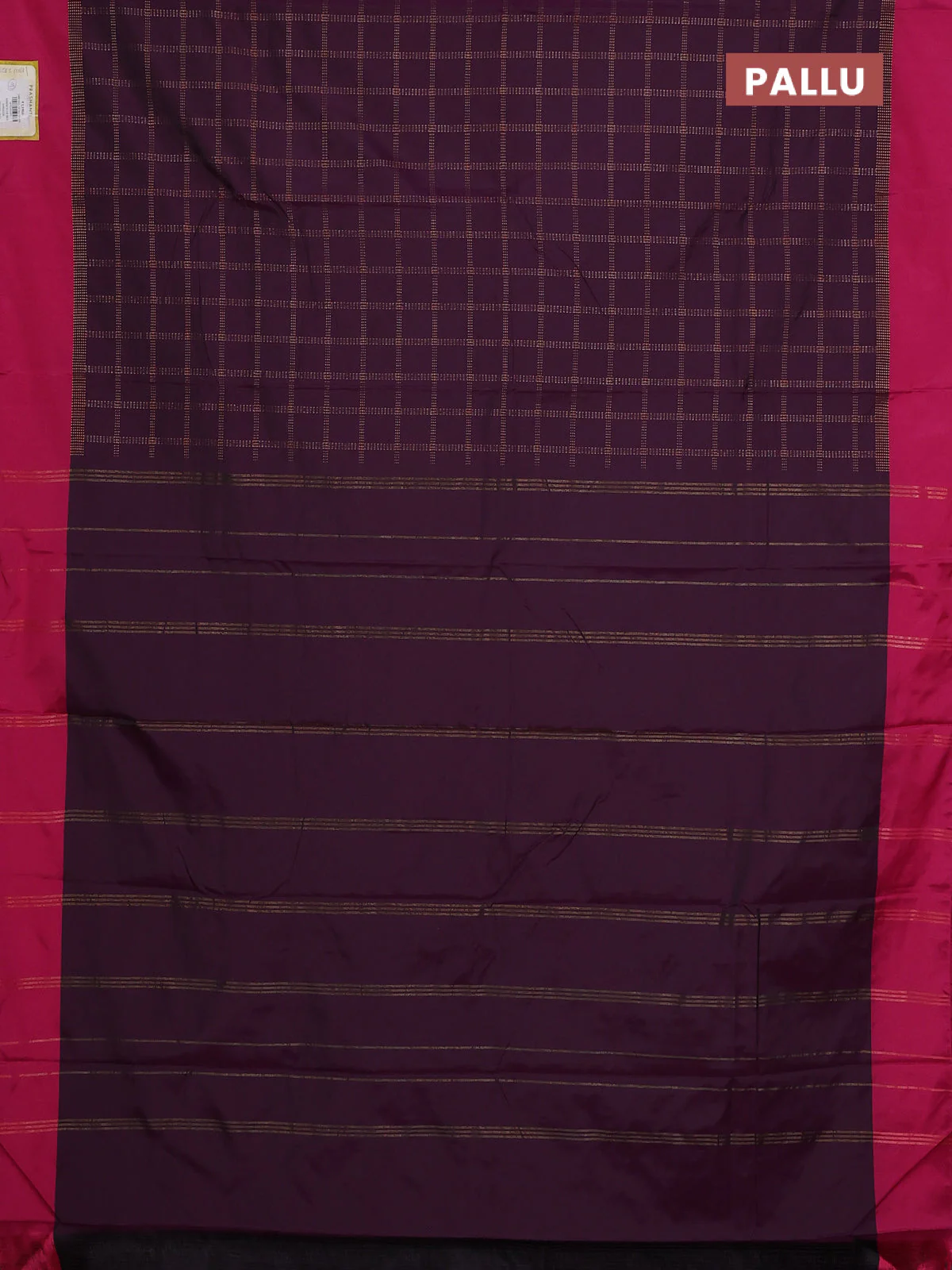 Arani semi silk saree wine shade and pink with allover copper zari checked pattern and copper zari woven simple border - Image 3