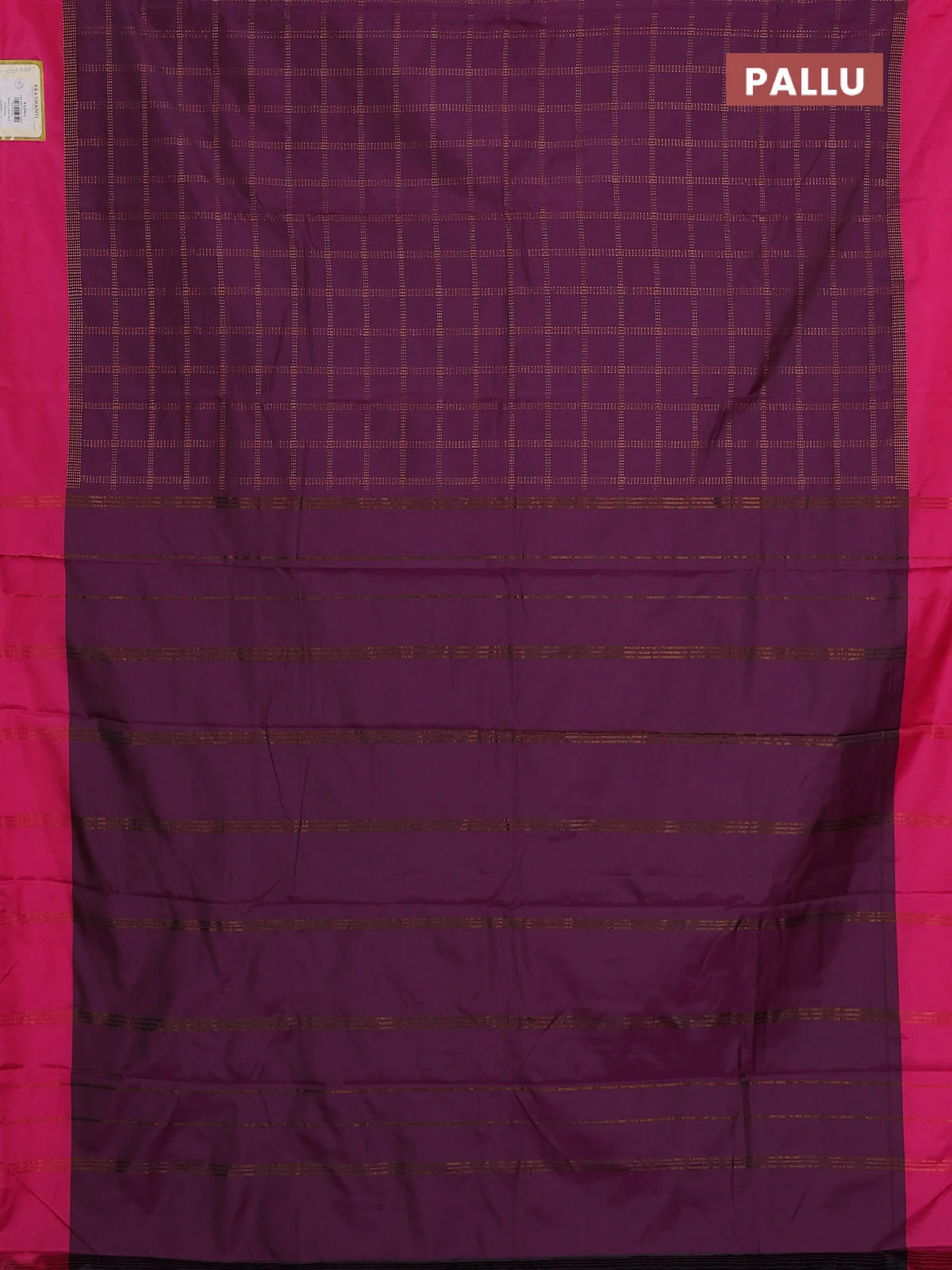 Arani semi silk saree wine shade and pink with allover copper zari checked pattern and copper zari woven simple border - Image 3