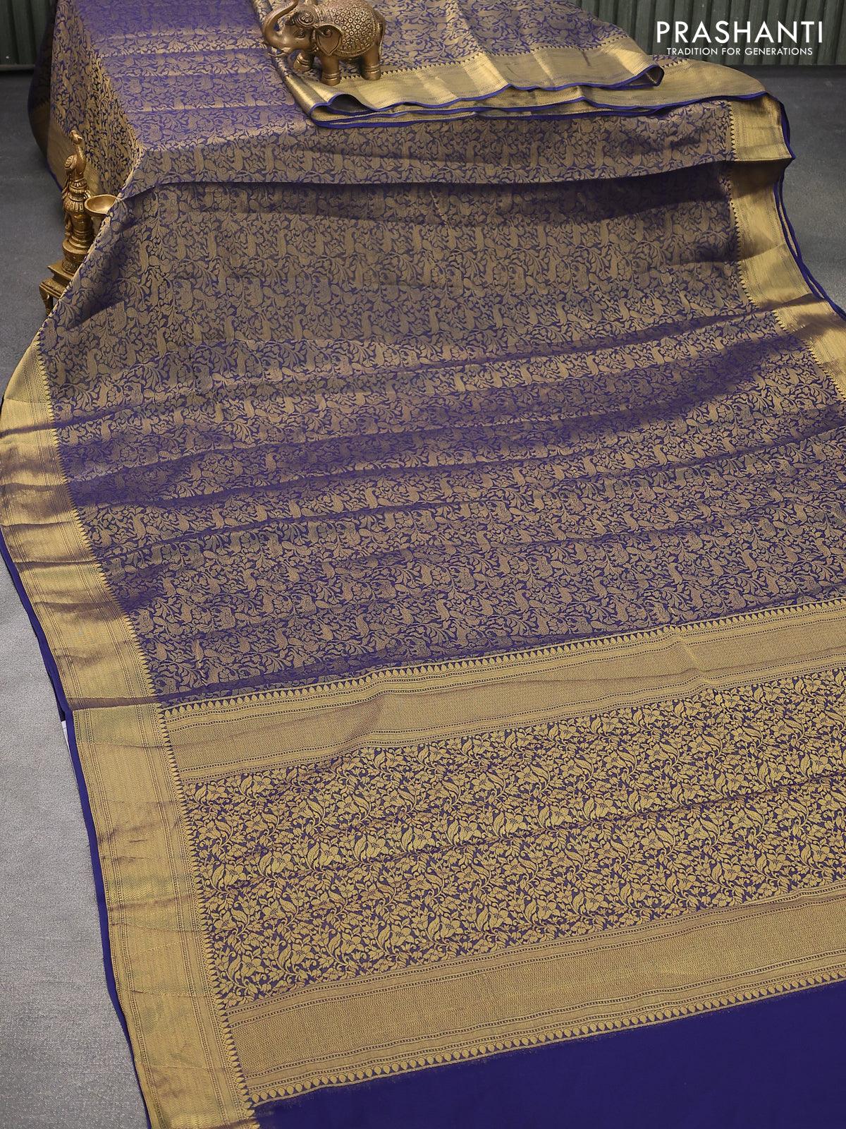 Art chiffon saree blue with allover zari woven brocade weaves and zari woven border - Image 2