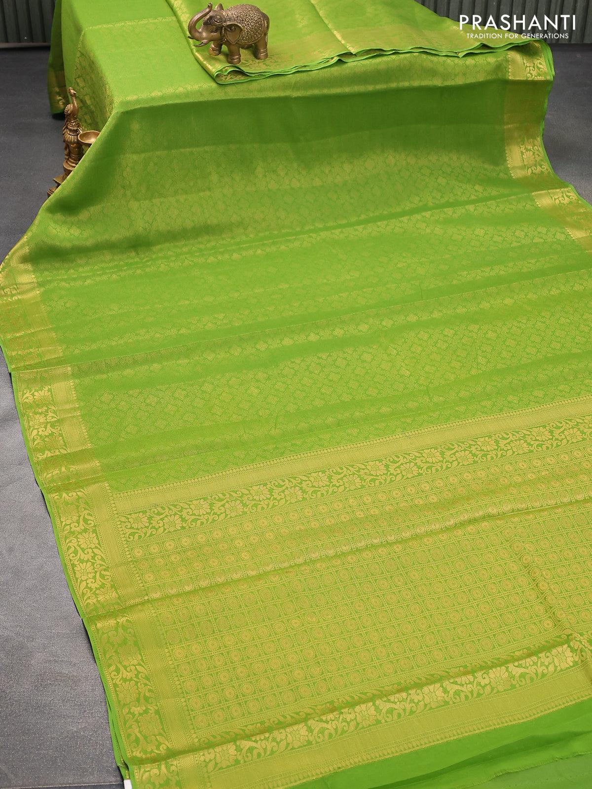 Art chiffon saree light green with allover zari woven brocade weaves and zari woven border - Image 2