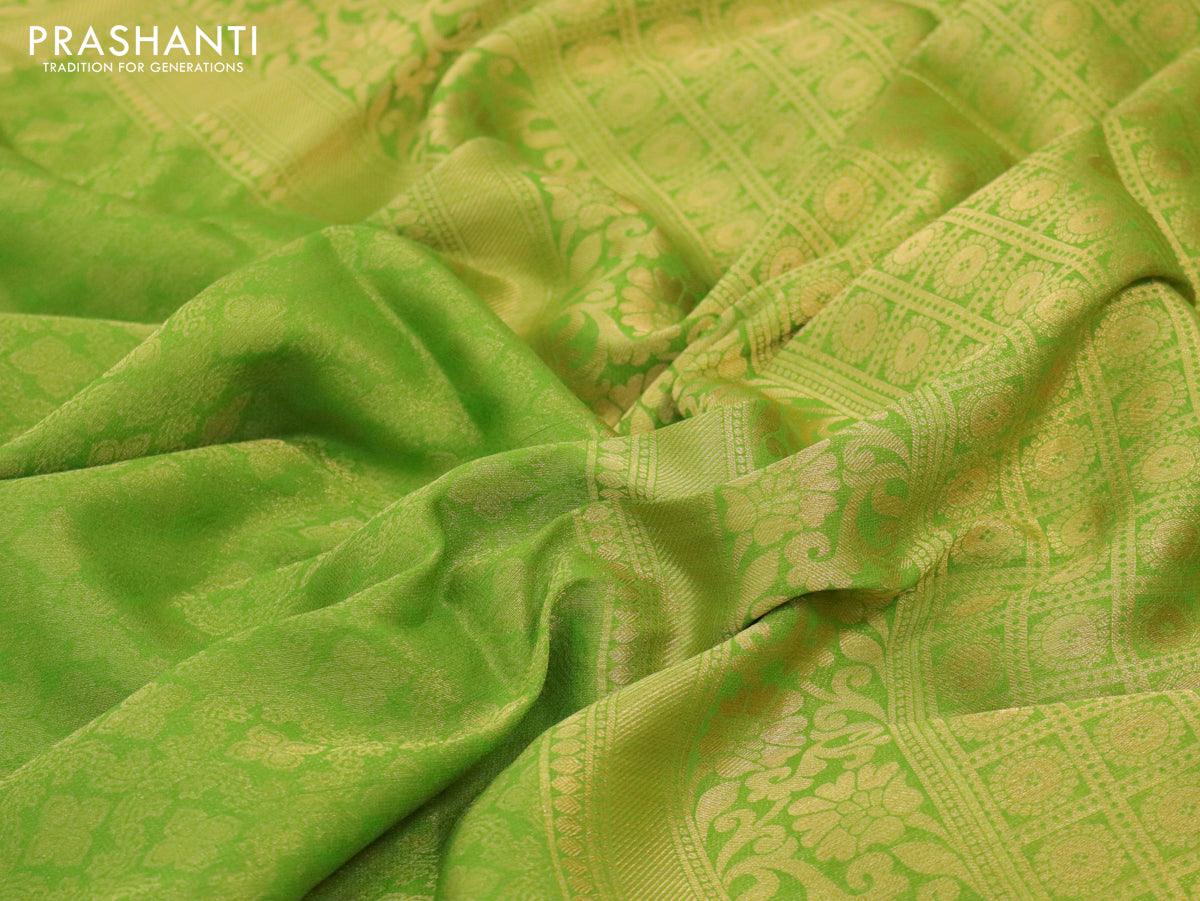 Art chiffon saree light green with allover zari woven brocade weaves and zari woven border - Image 3