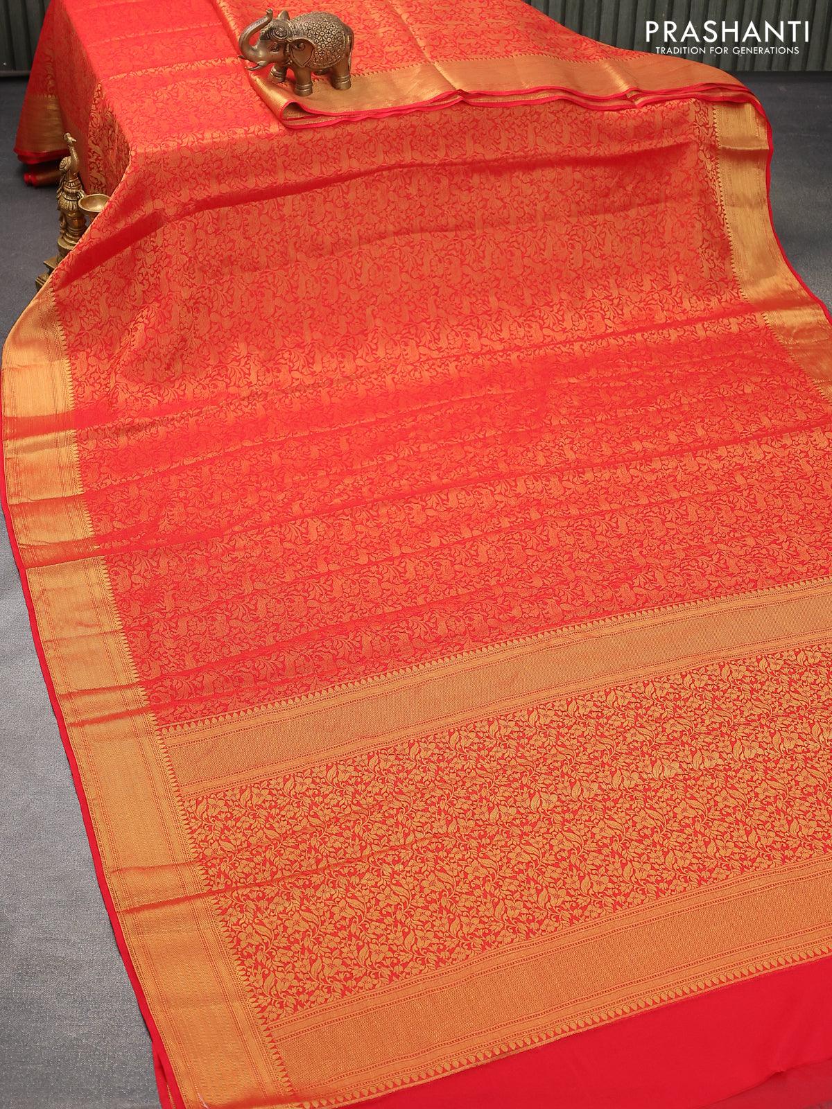 Art chiffon saree red with allover zari woven brocade weaves and zari woven border - Image 2